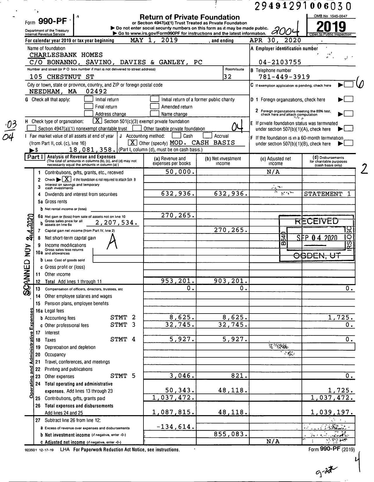 Image of first page of 2019 Form 990PF for Charlesbank Homes Foundation