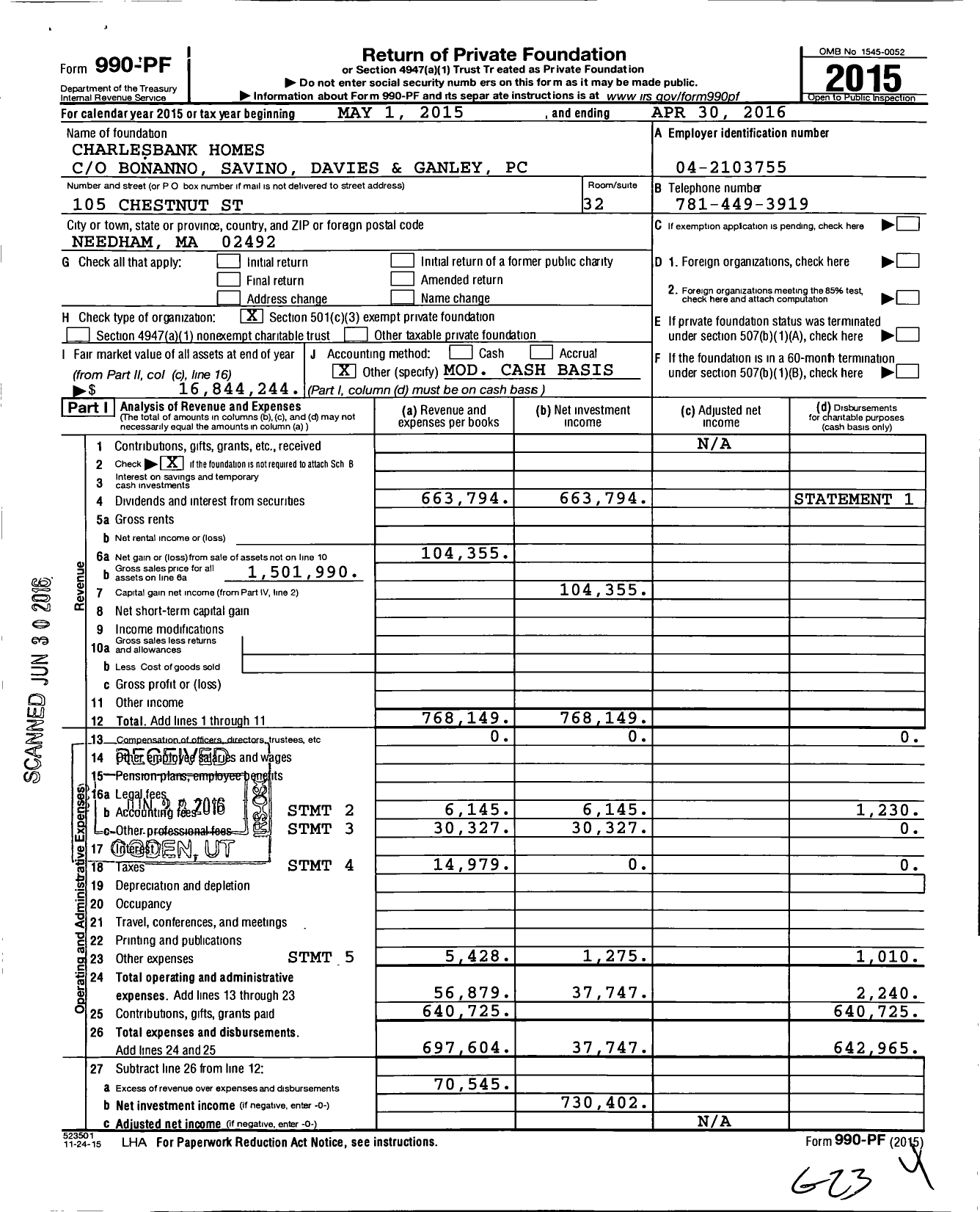 Image of first page of 2015 Form 990PF for Charlesbank Homes Foundation