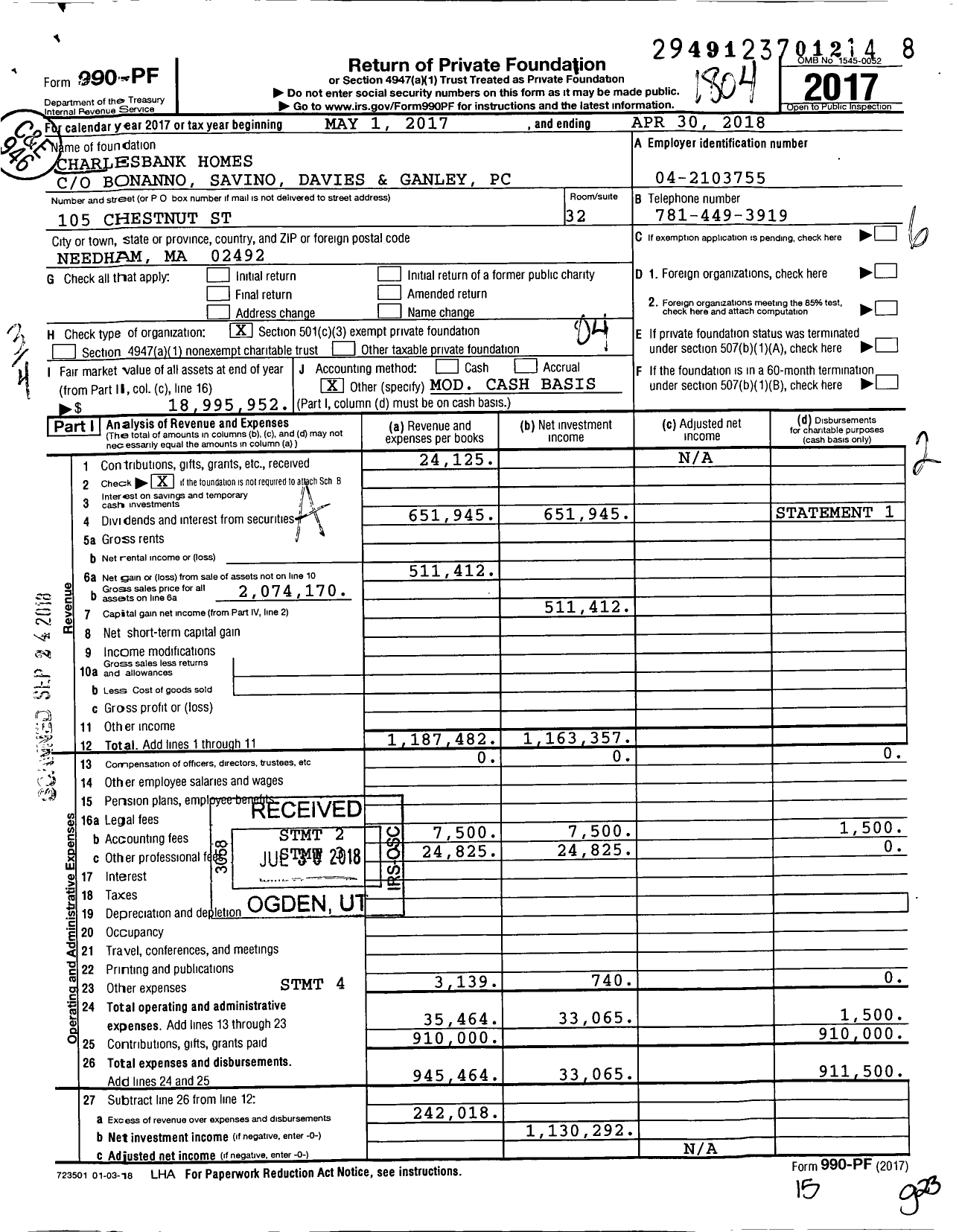 Image of first page of 2017 Form 990PF for Charlesbank Homes Foundation
