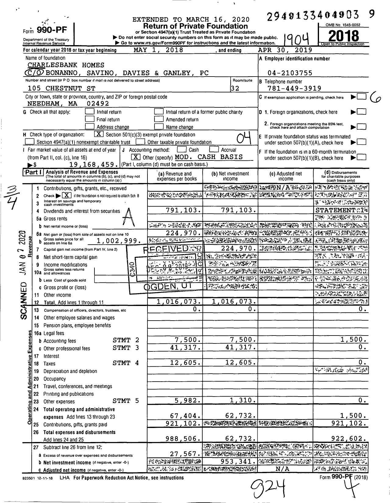 Image of first page of 2018 Form 990PF for Charlesbank Homes Foundation