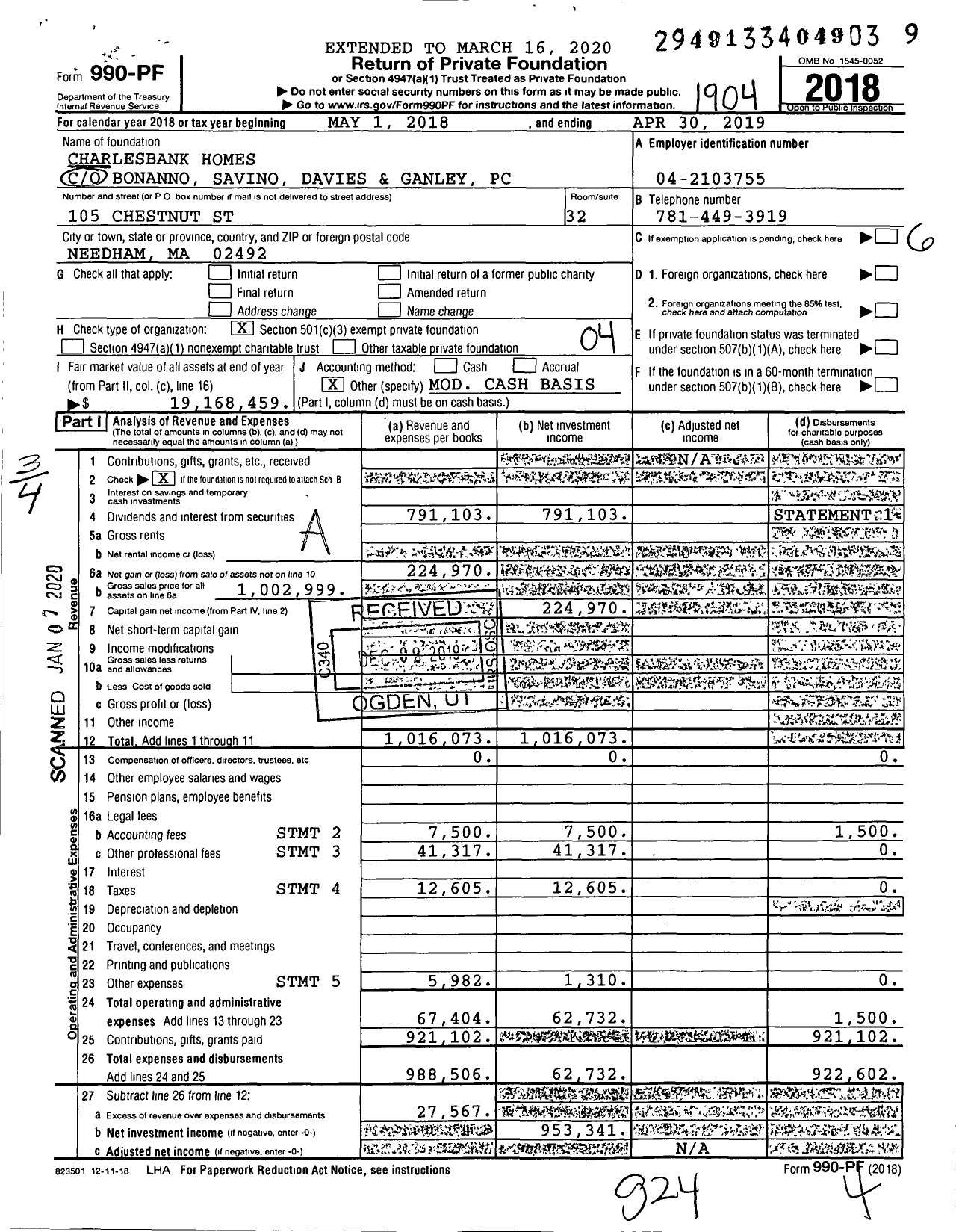 Image of first page of 2018 Form 990PF for Charlesbank Homes Treeful Damaso Aniceto