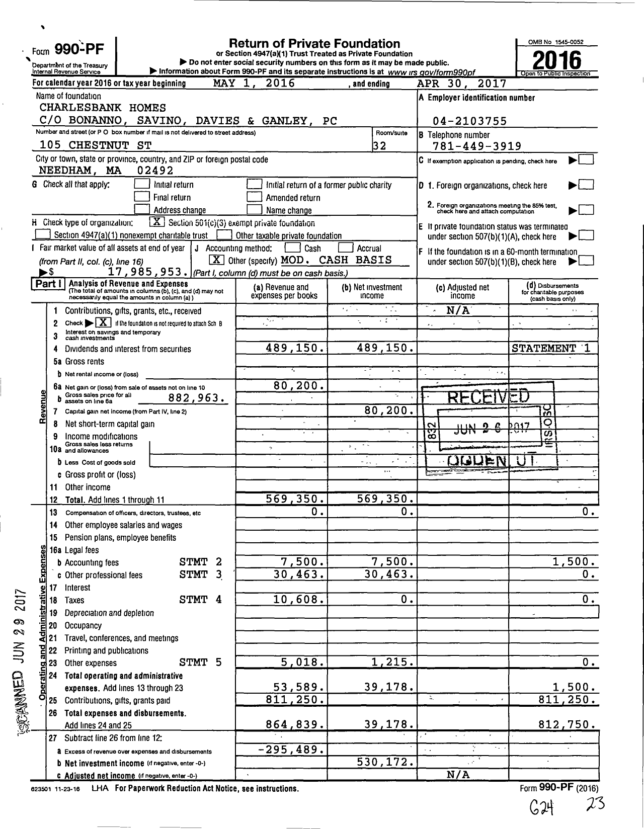 Image of first page of 2016 Form 990PF for Charlesbank Homes Foundation