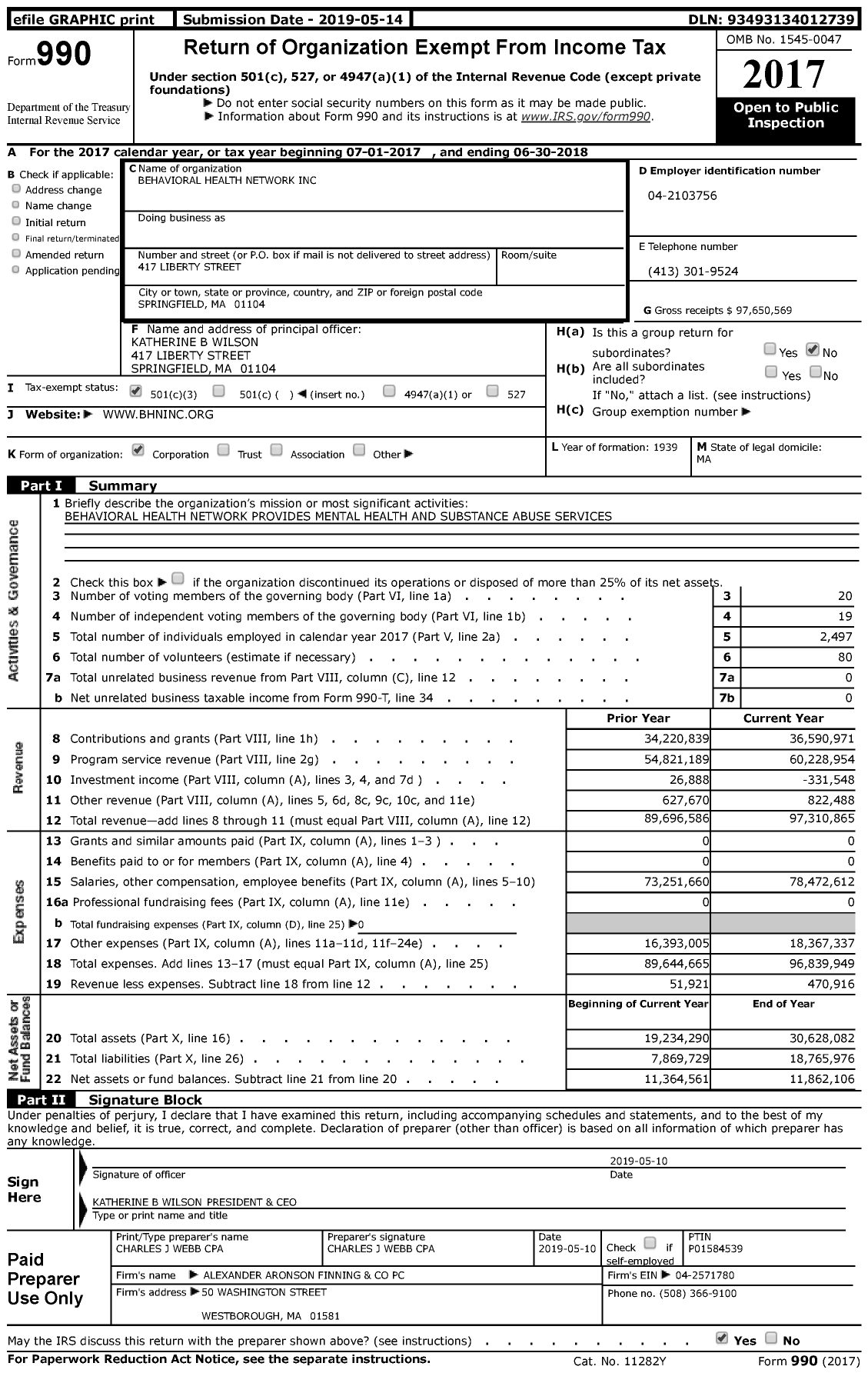 Image of first page of 2017 Form 990 for Behavioral Health Network (BHN)