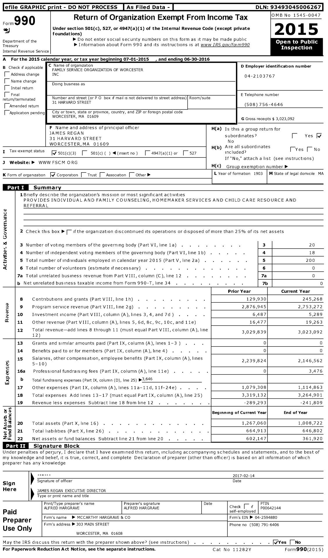 Image of first page of 2015 Form 990 for Family Service Organization of Worcester