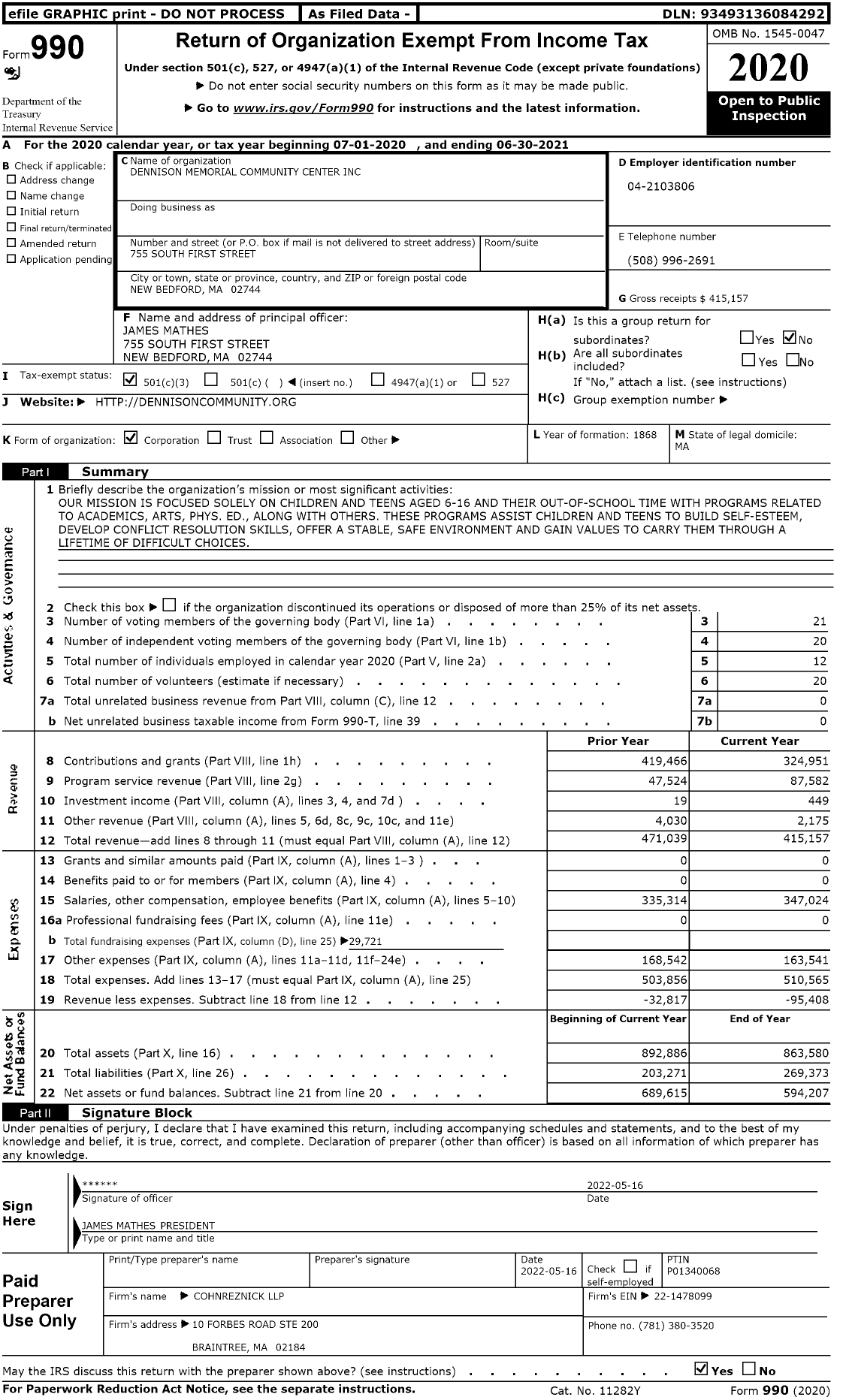 Image of first page of 2020 Form 990 for Dennison Memorial Community Center