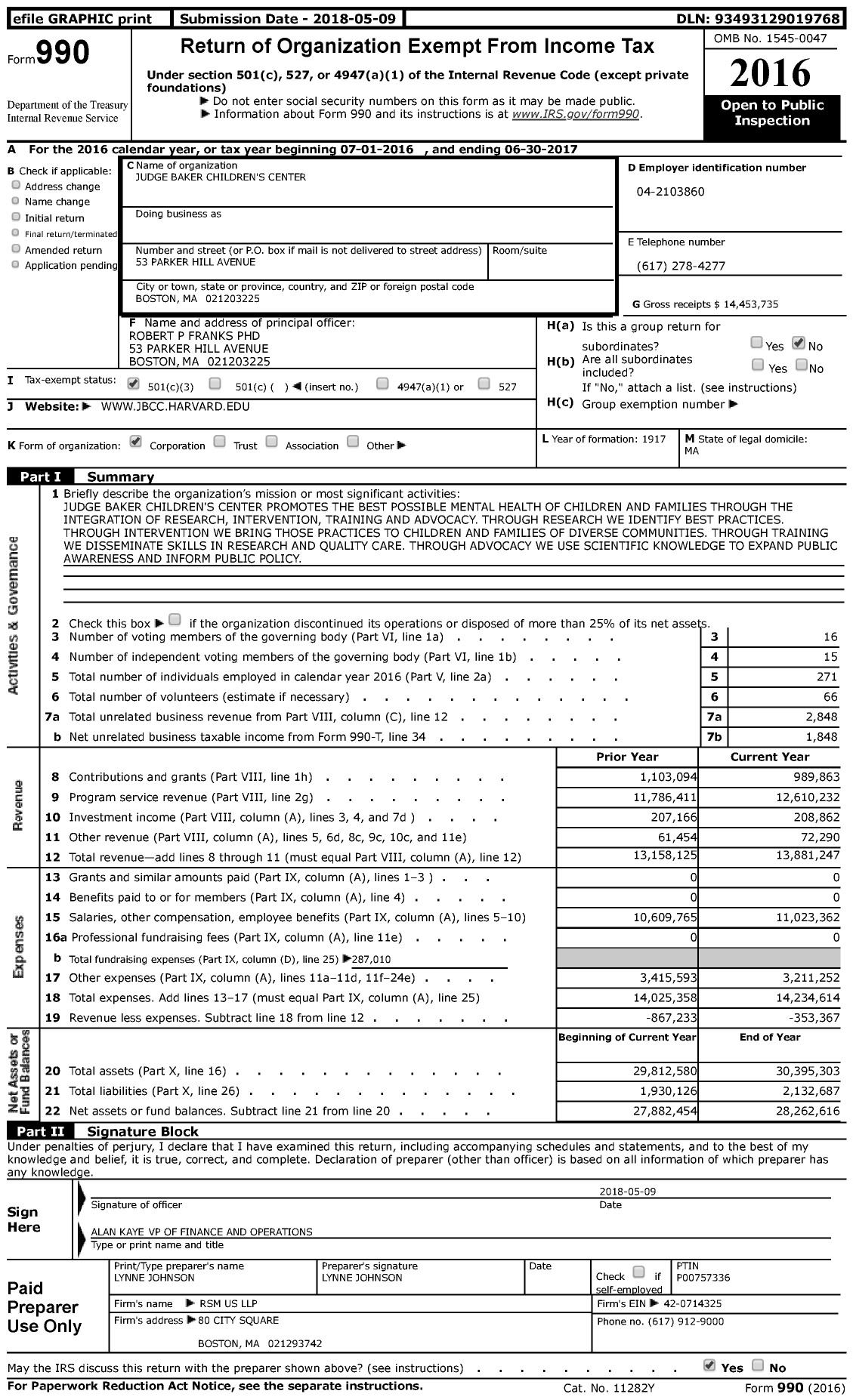 Image of first page of 2016 Form 990 for The Baker Center for Children and Families (JBCC)