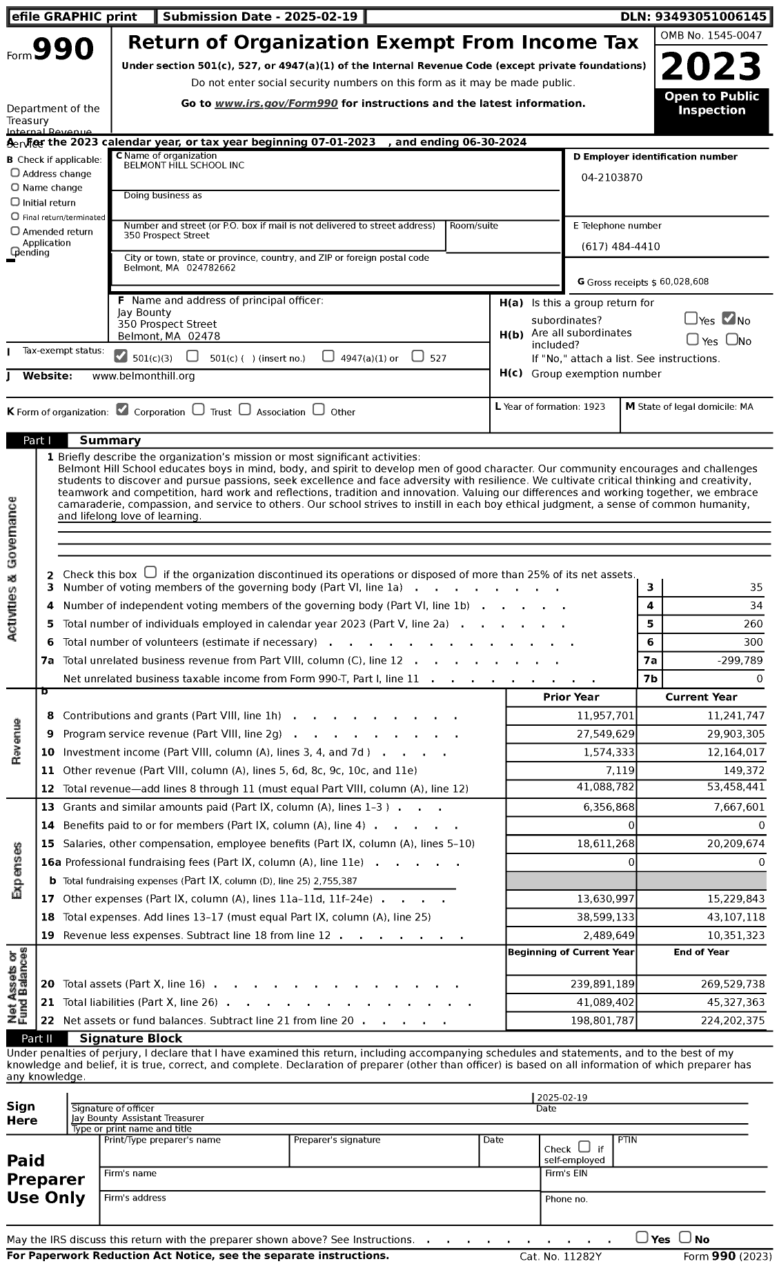 Image of first page of 2023 Form 990 for Belmont Hill School (BHS)
