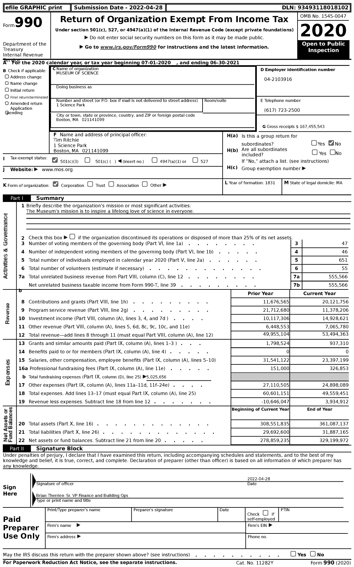 Image of first page of 2020 Form 990 for Museum of Science