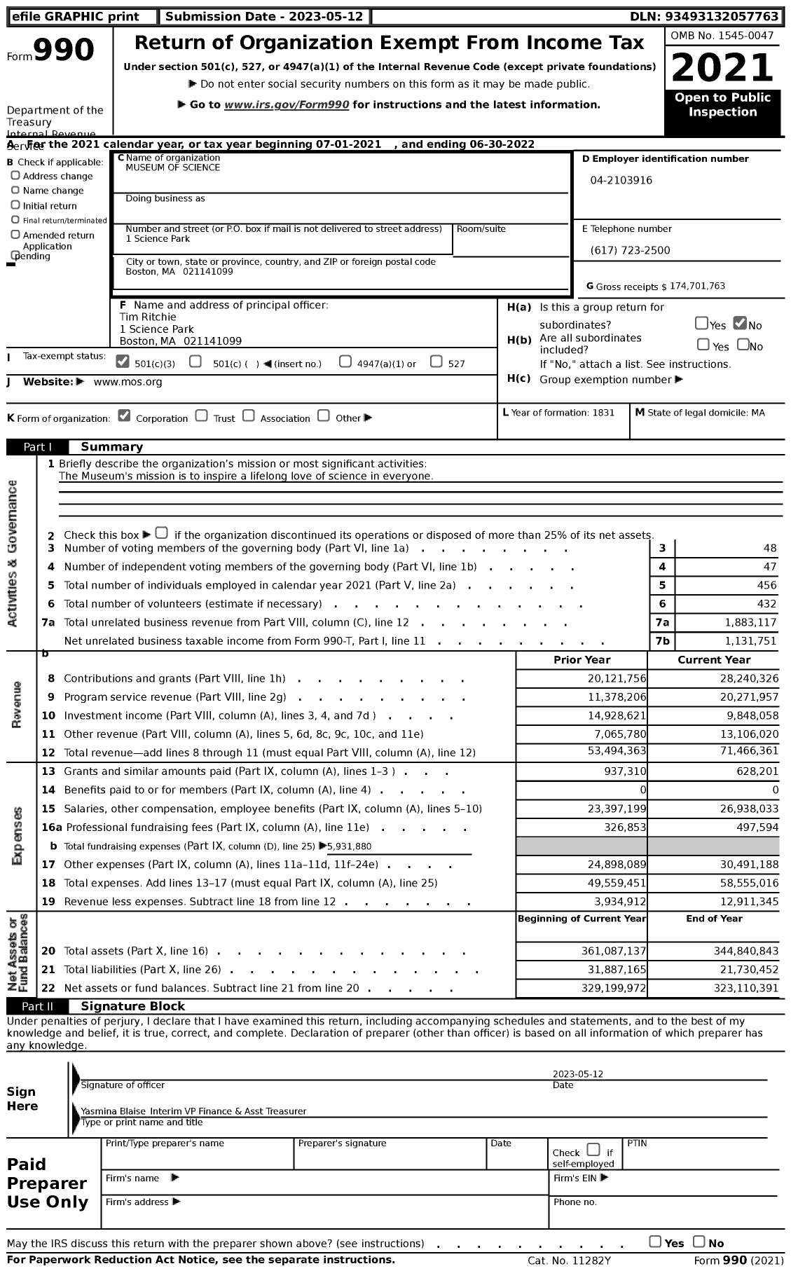 Image of first page of 2021 Form 990 for Museum of Science