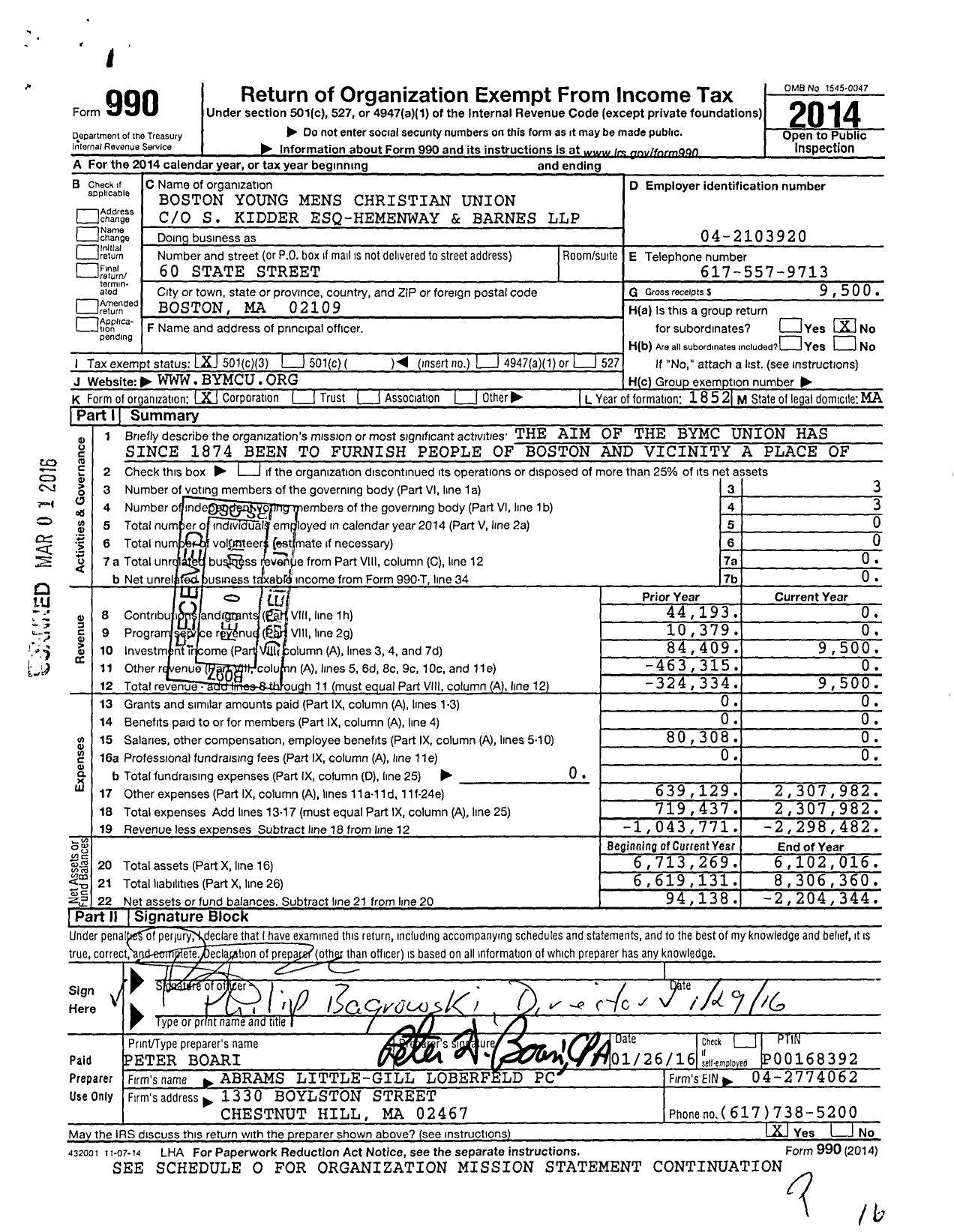 Image of first page of 2014 Form 990 for Boston Young Mens Christian Union