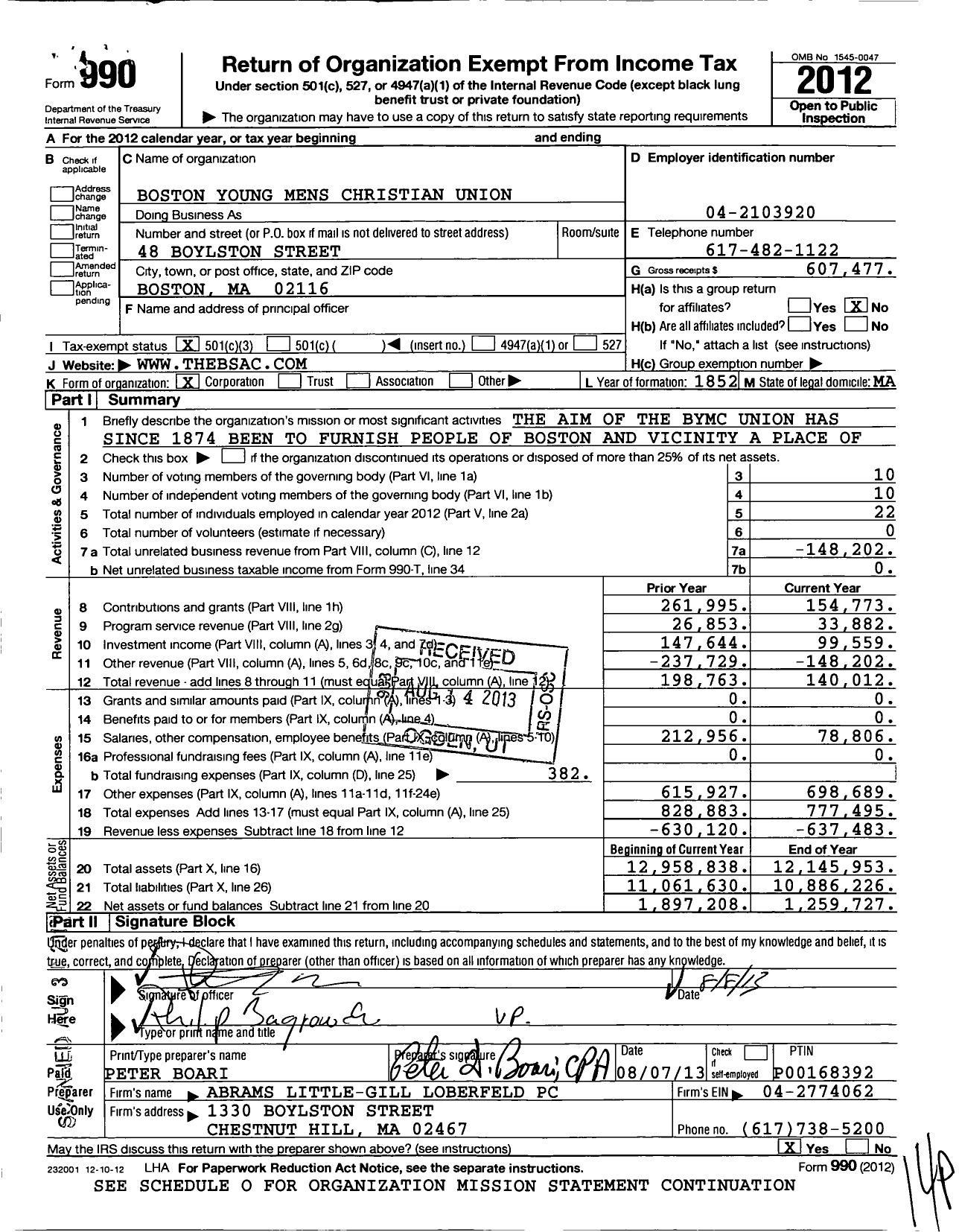 Image of first page of 2012 Form 990 for Boston Young Mens Christian Union