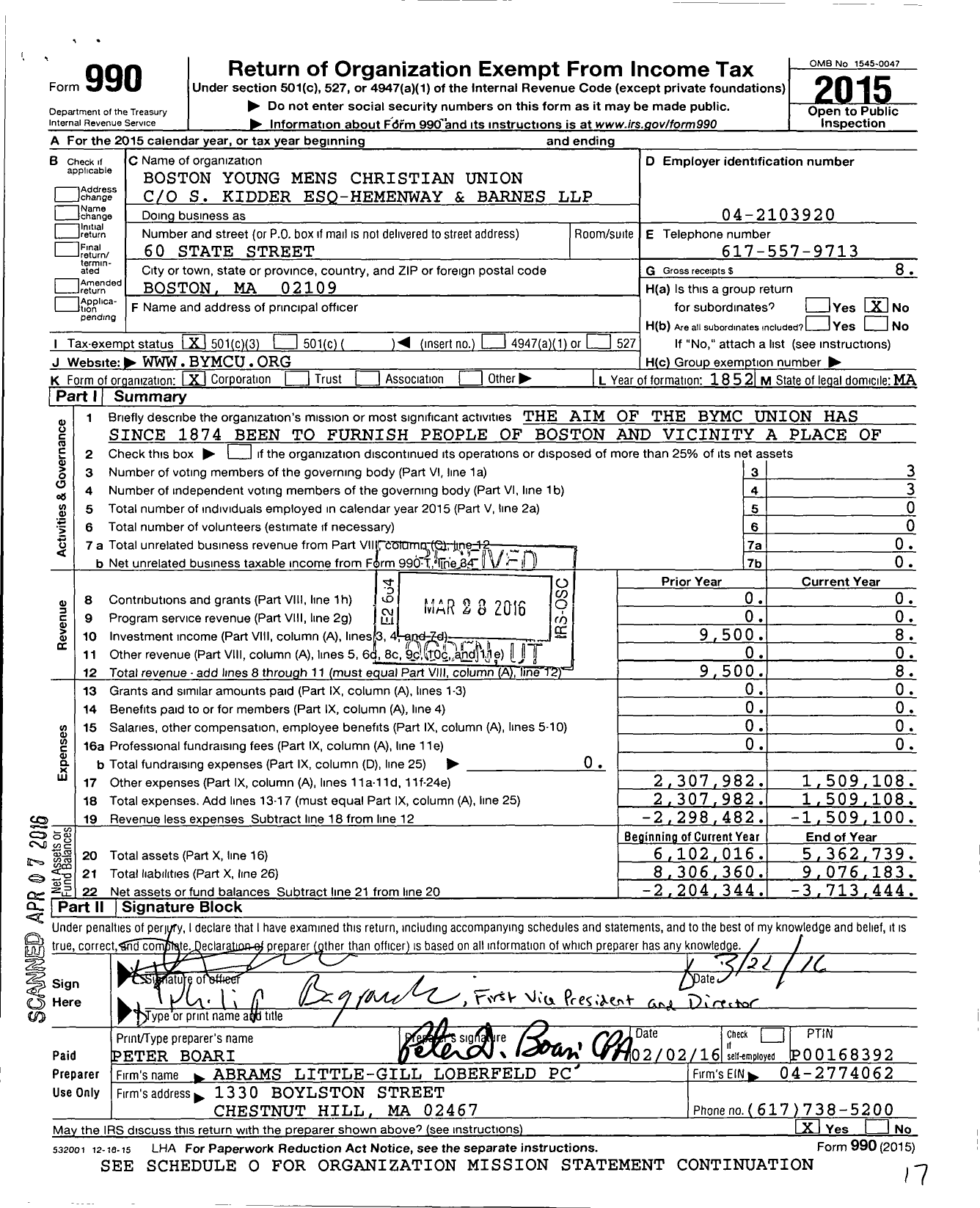 Image of first page of 2015 Form 990 for Boston Young Mens Christian Union