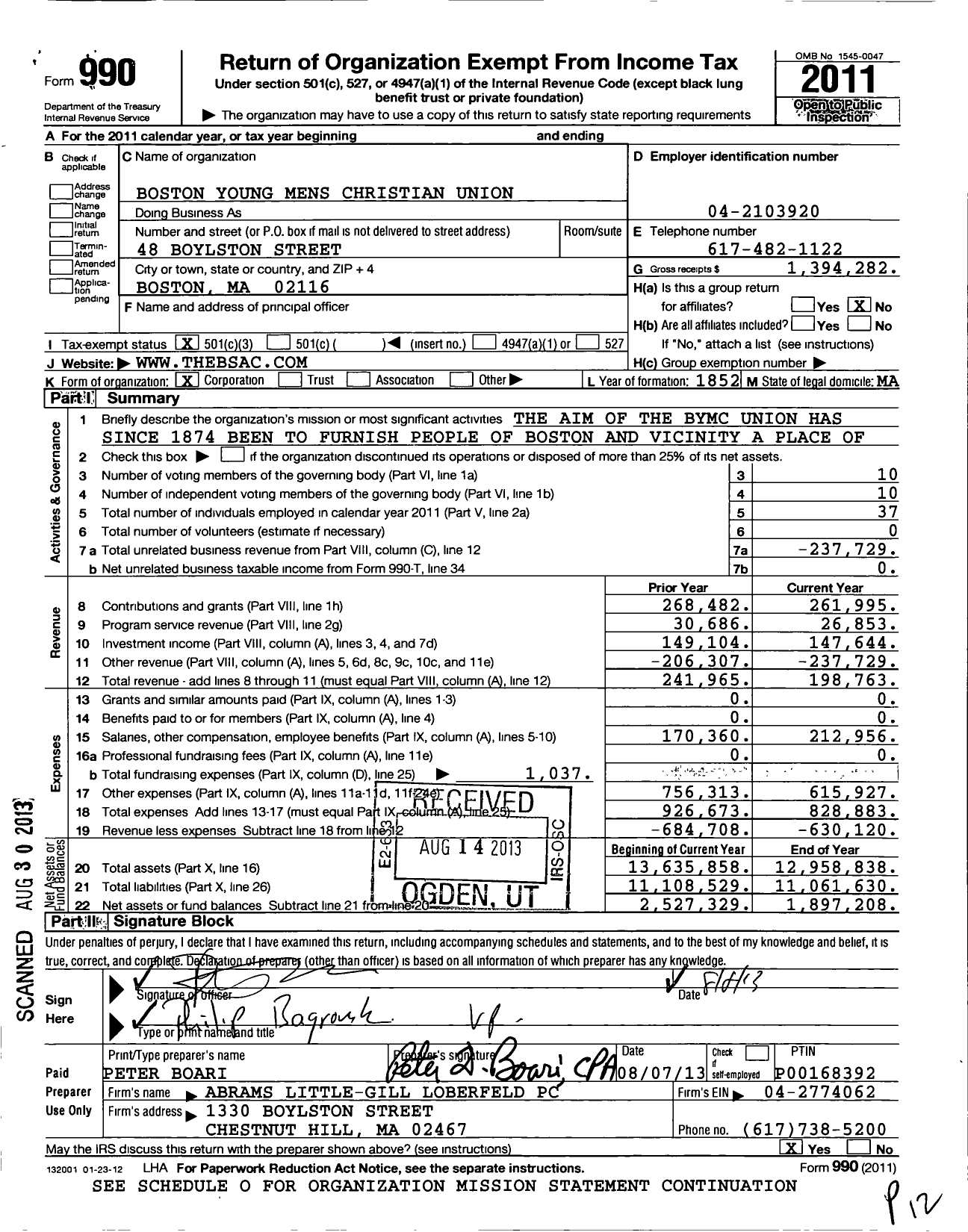 Image of first page of 2011 Form 990 for Boston Young Mens Christian Union