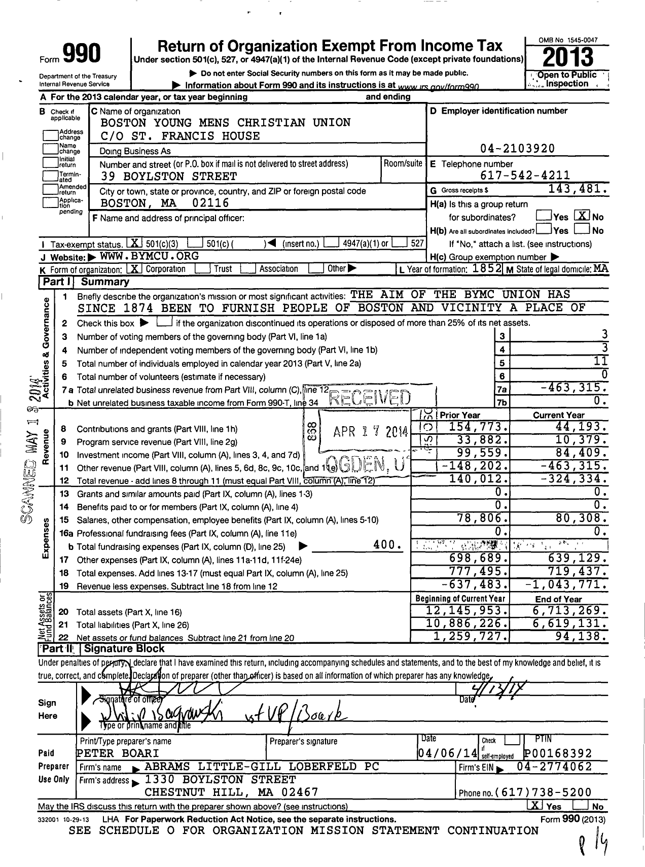 Image of first page of 2013 Form 990 for Boston Young Mens Christian Union