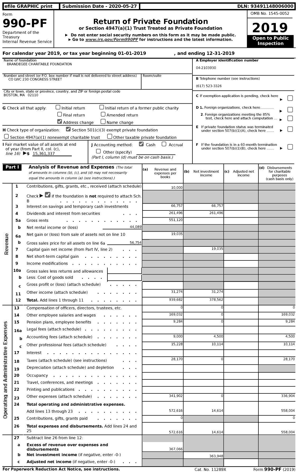 Image of first page of 2019 Form 990PF for Brandegee Charitable Foundation