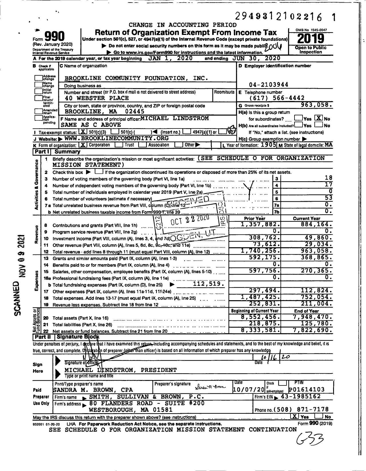 Image of first page of 2019 Form 990 for Brookline Community Foundation