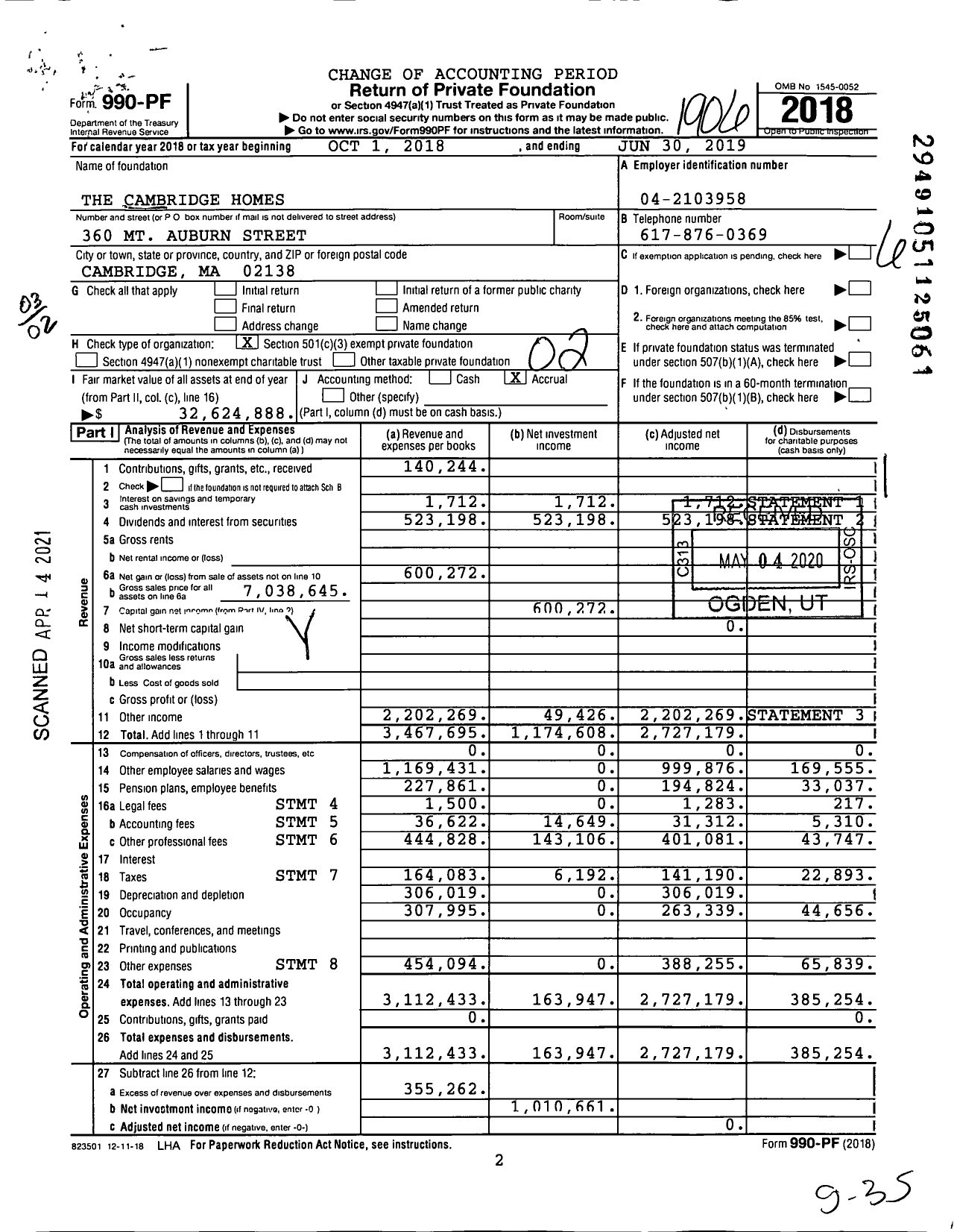 Image of first page of 2018 Form 990PF for The Cambridge Homes