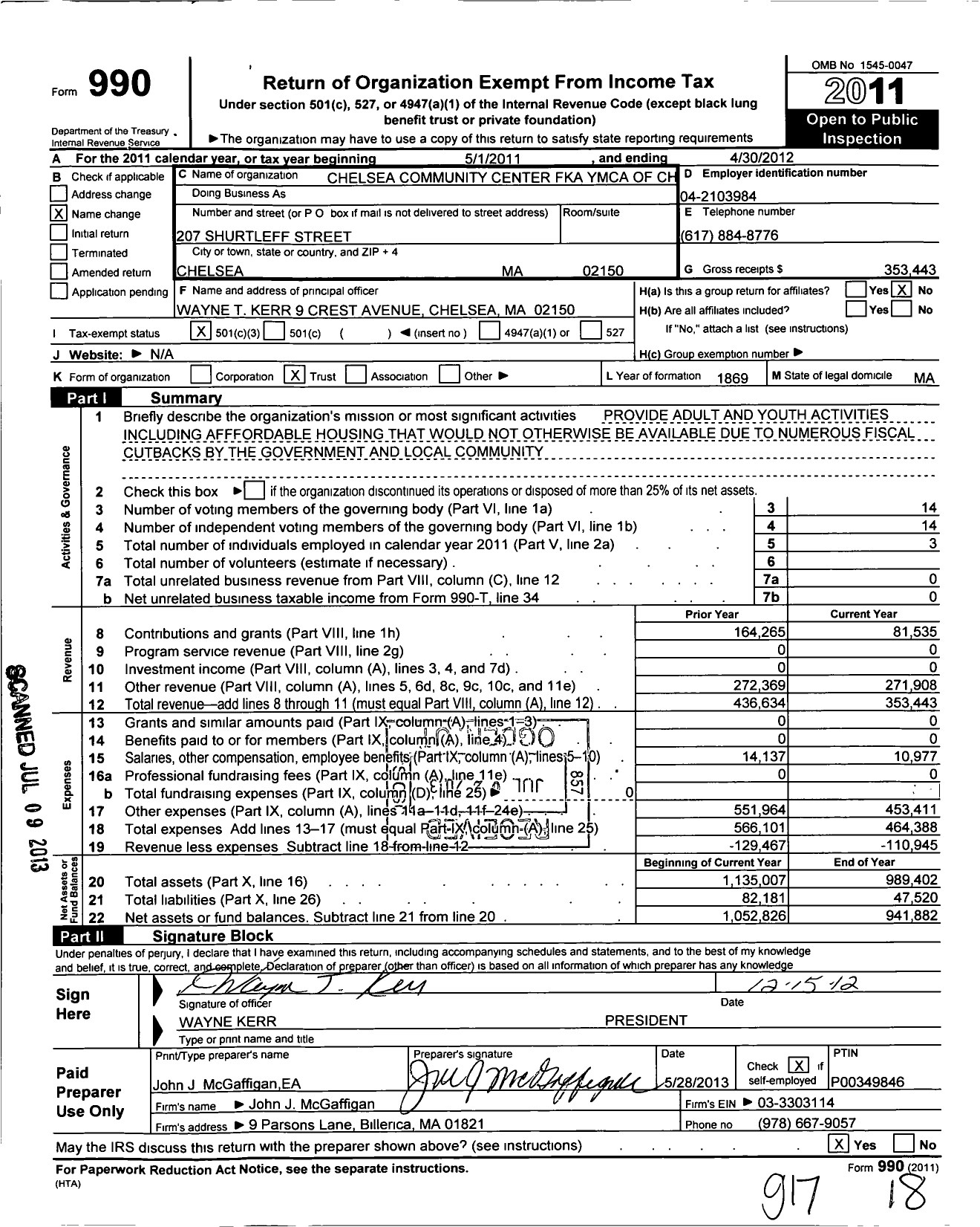 Image of first page of 2011 Form 990 for Chelsea Community Center