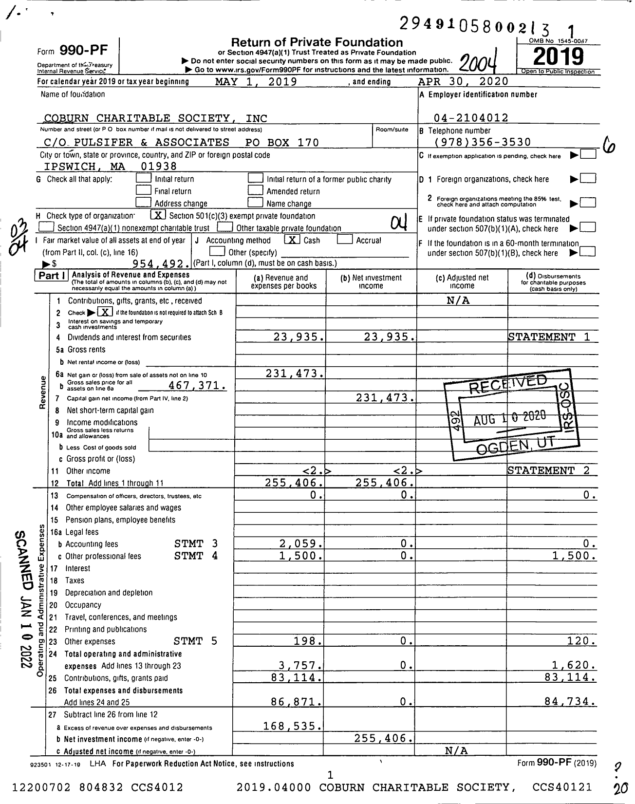 Image of first page of 2019 Form 990PF for Coburn Charitable Society