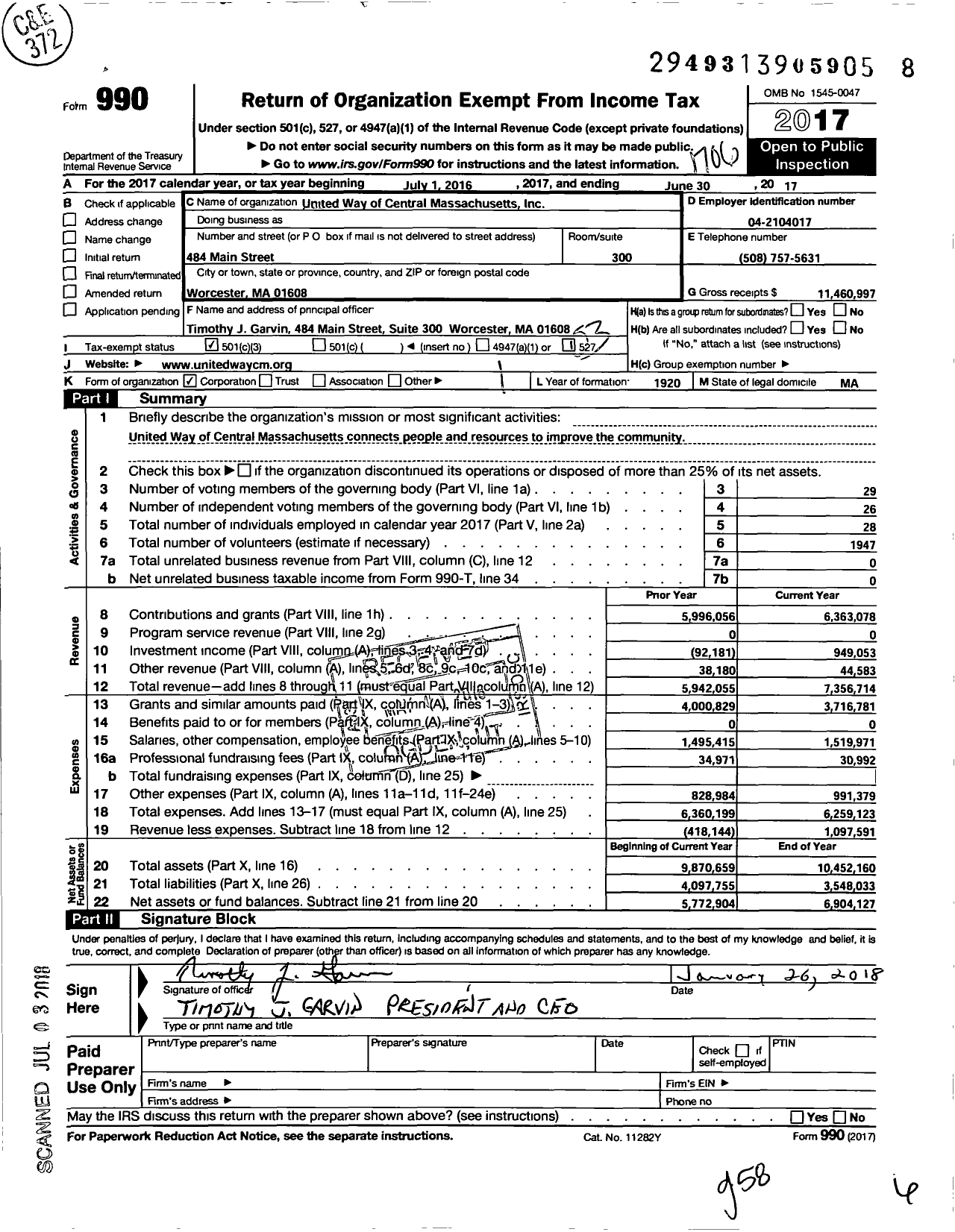 Image of first page of 2016 Form 990 for United Way of Central Massachusetts