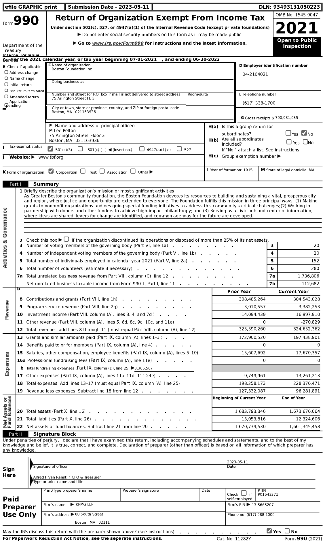 Image of first page of 2021 Form 990 for The Boston Foundation (TBF)
