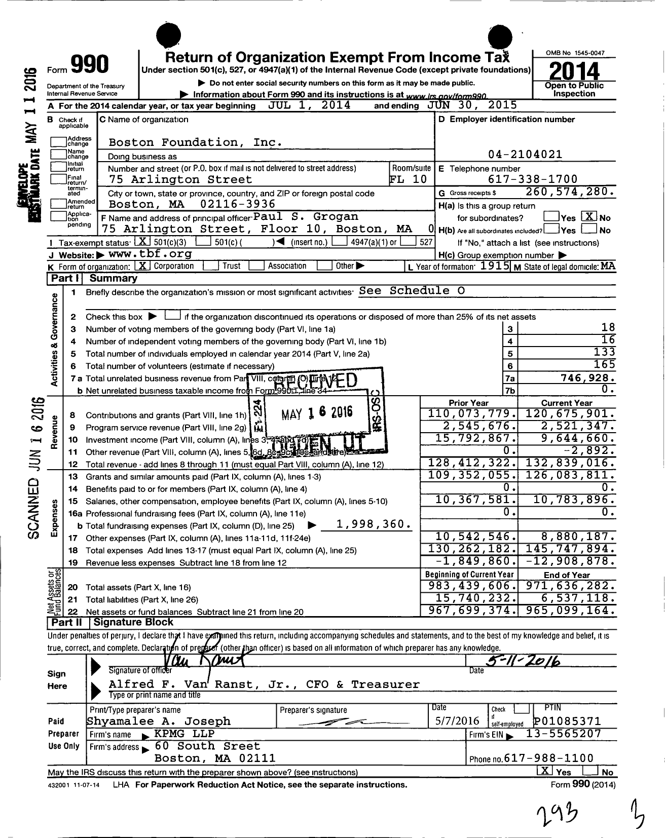 Image of first page of 2014 Form 990 for The Boston Foundation (TBF)