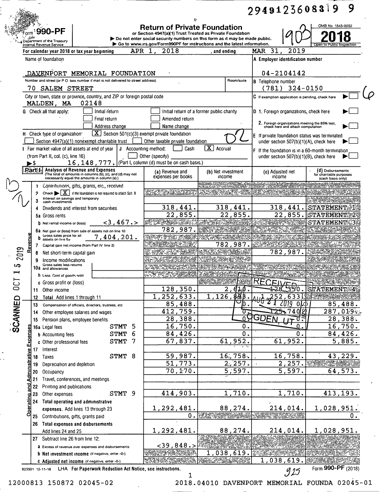 Image of first page of 2018 Form 990PF for Davenport Memorial Foundation