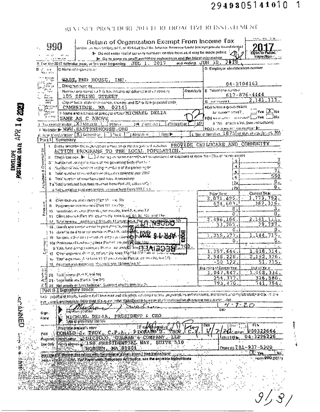 Image of first page of 2017 Form 990 for East End House