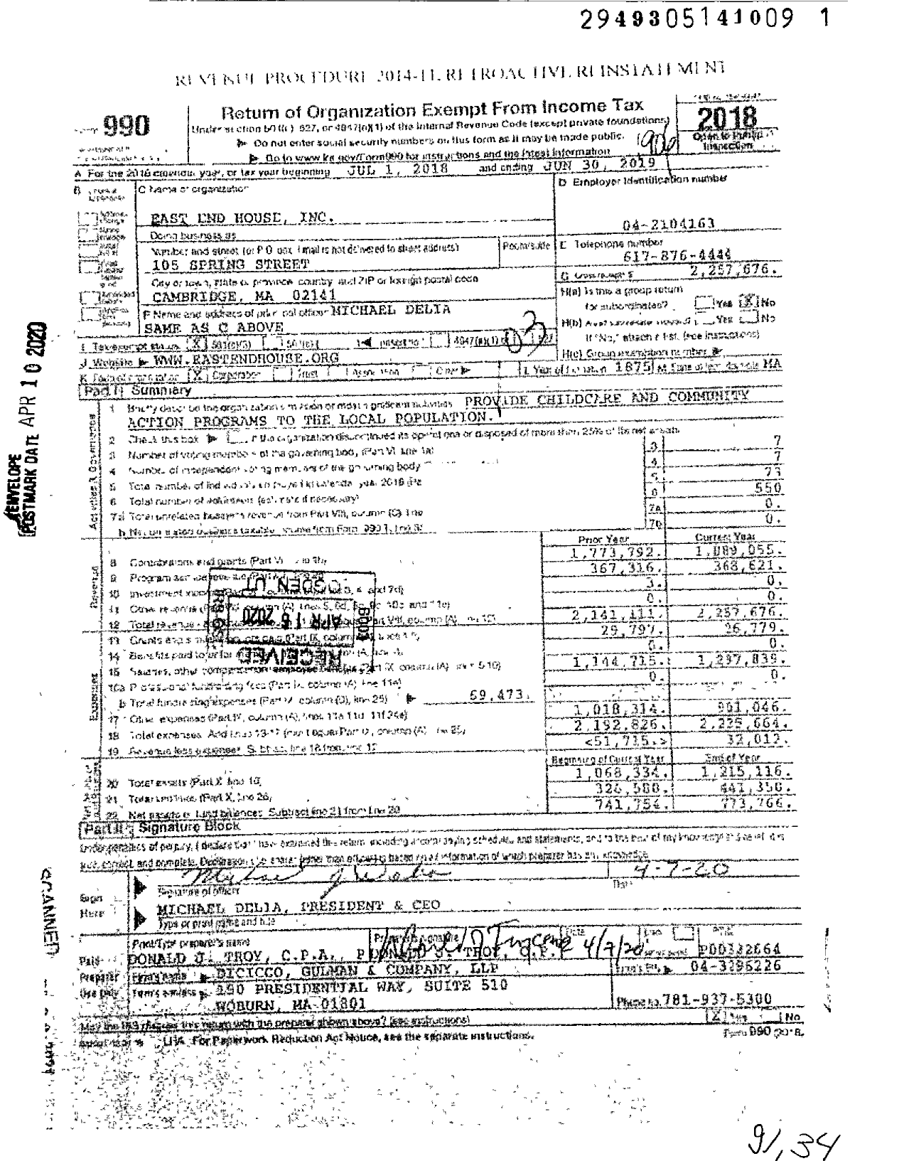 Image of first page of 2018 Form 990 for East End House