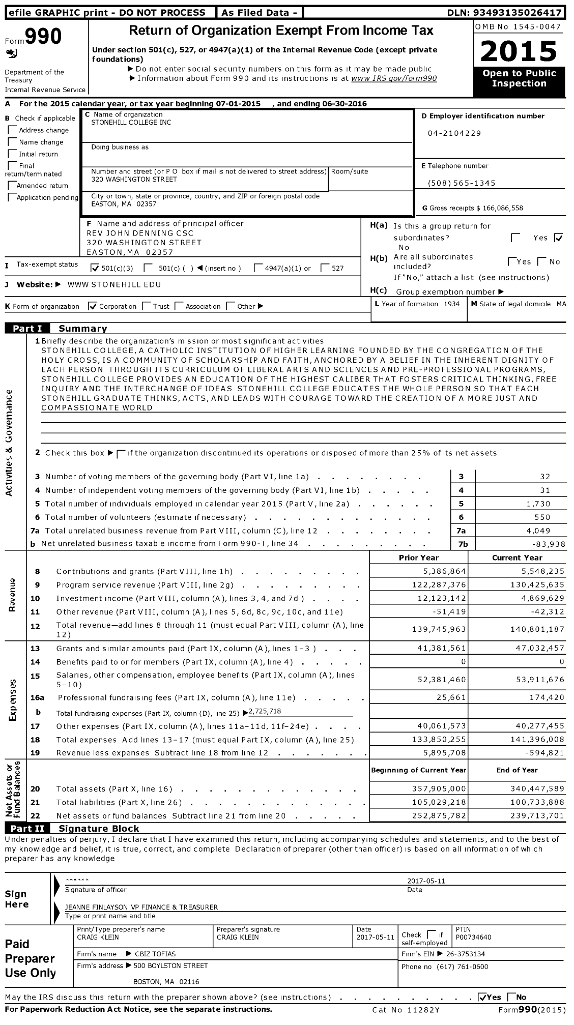 Image of first page of 2015 Form 990 for Stonehill College