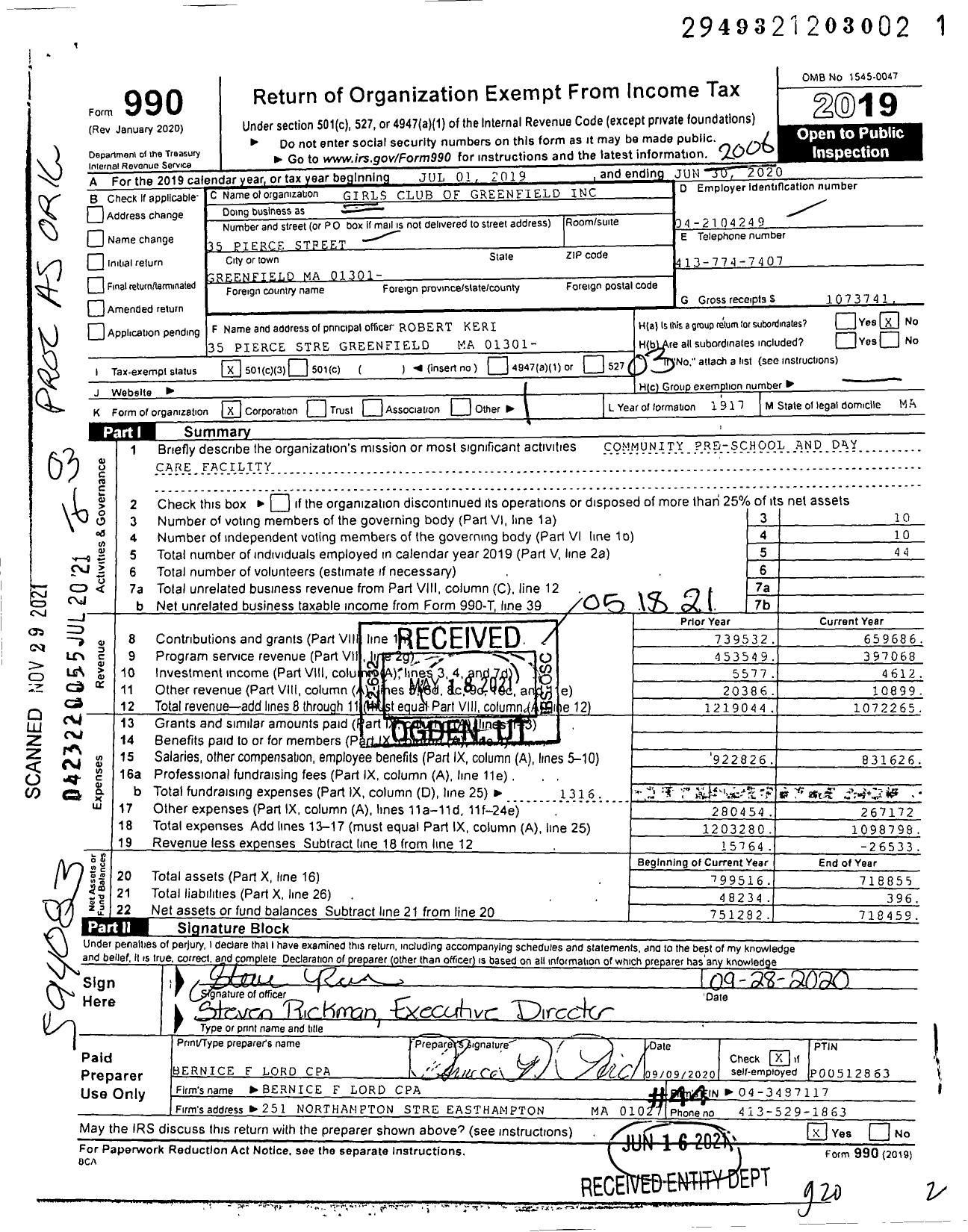 Image of first page of 2019 Form 990 for Girls Club of Greenfield