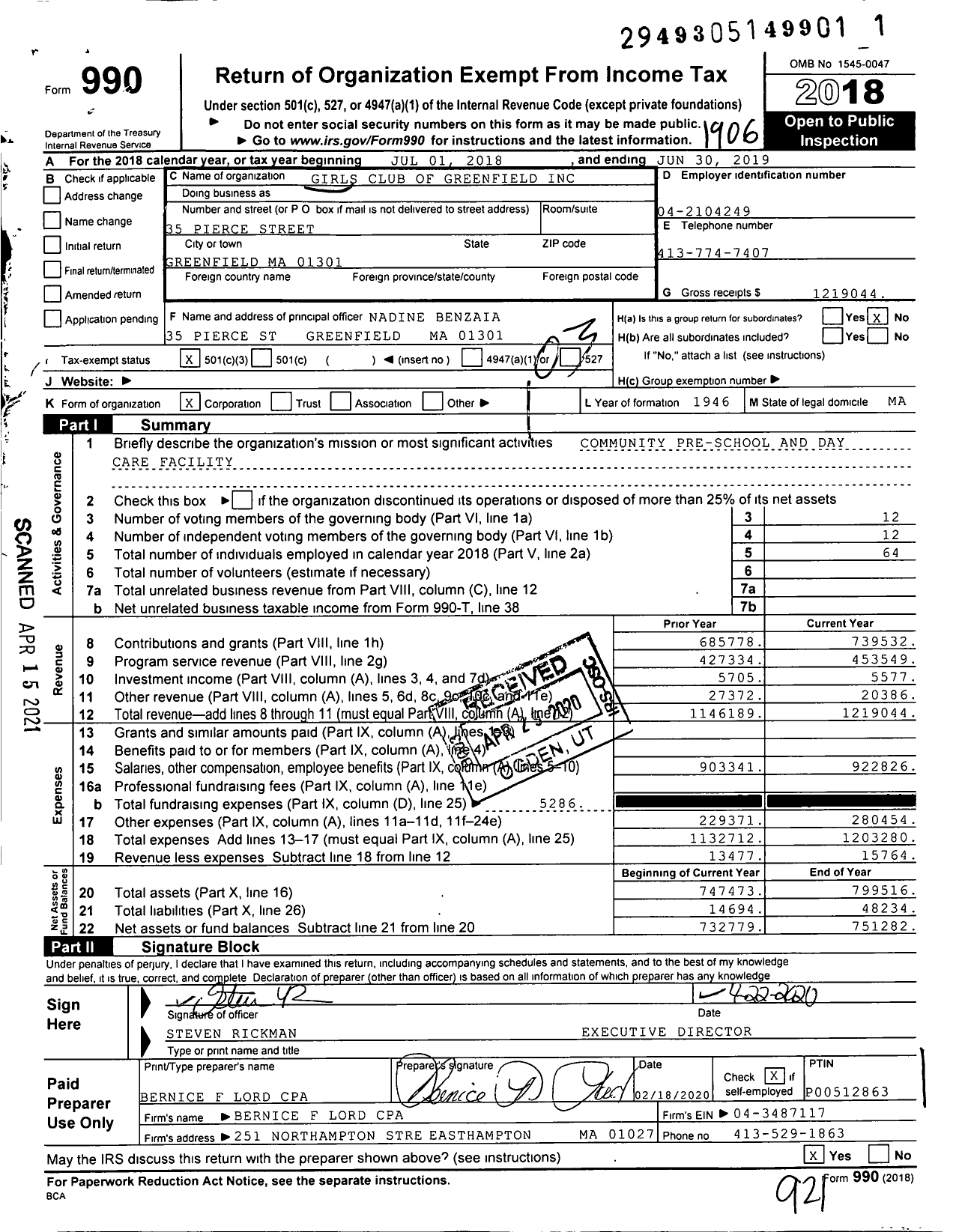 Image of first page of 2018 Form 990 for Girls Club of Greenfield