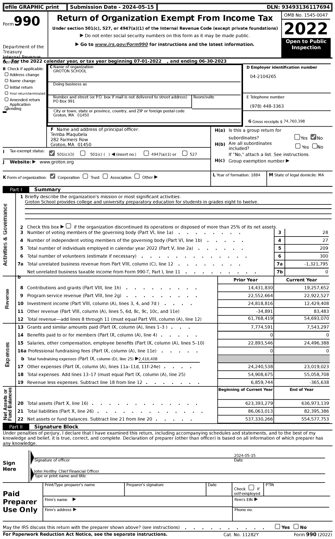 Image of first page of 2022 Form 990 for Groton School