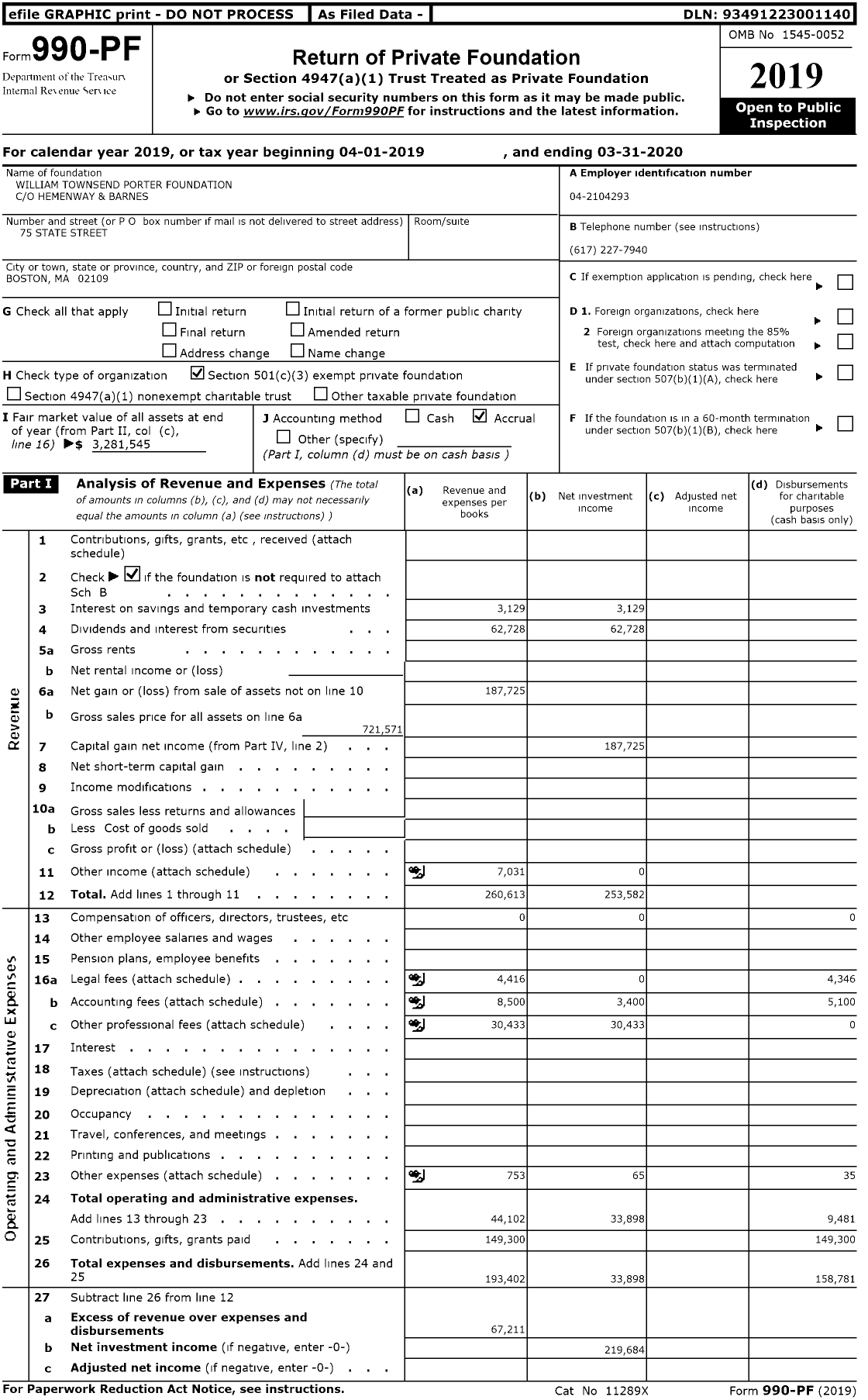 Image of first page of 2019 Form 990PR for William Townsend Porter Foundation