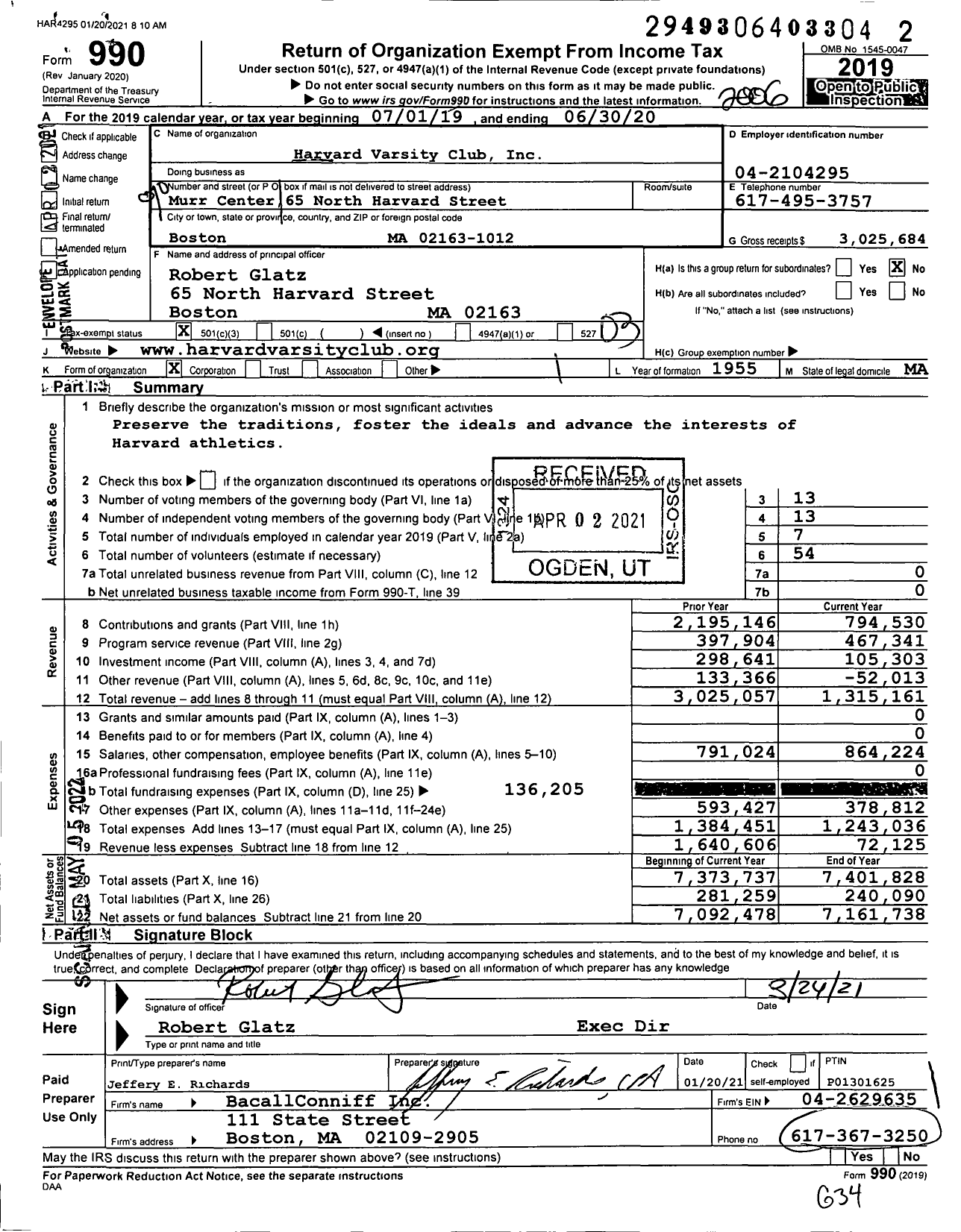 Image of first page of 2019 Form 990 for Harvard Varsity Club (HVC)