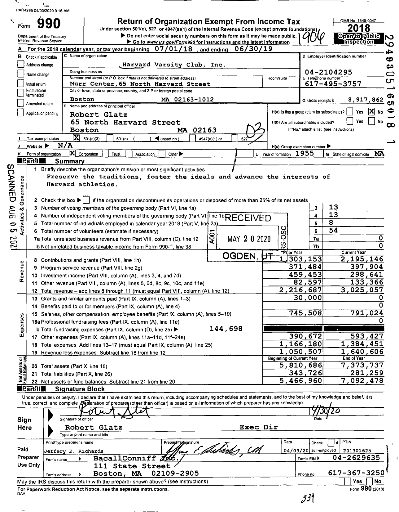 Image of first page of 2018 Form 990 for Harvard Varsity Club (HVC)