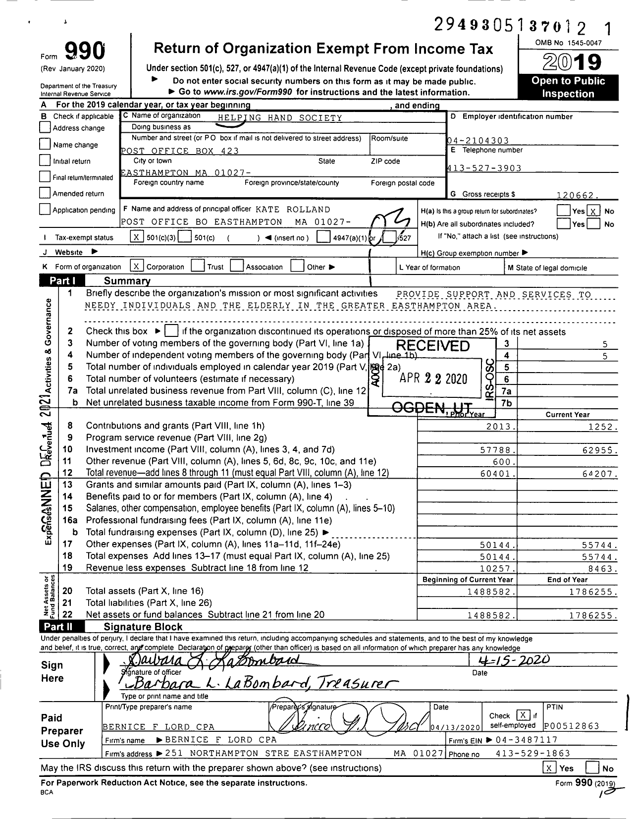 Image of first page of 2019 Form 990 for Helping Hand Society