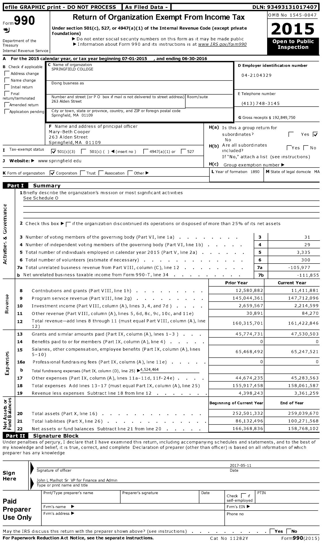Image of first page of 2015 Form 990 for Springfield College