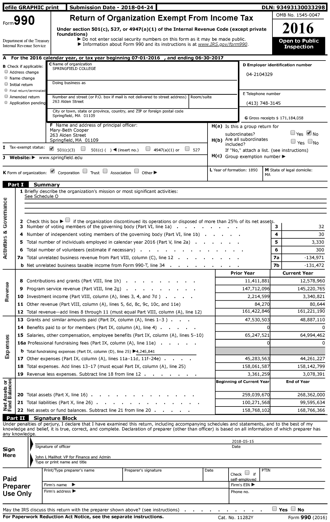 Image of first page of 2016 Form 990 for Springfield College