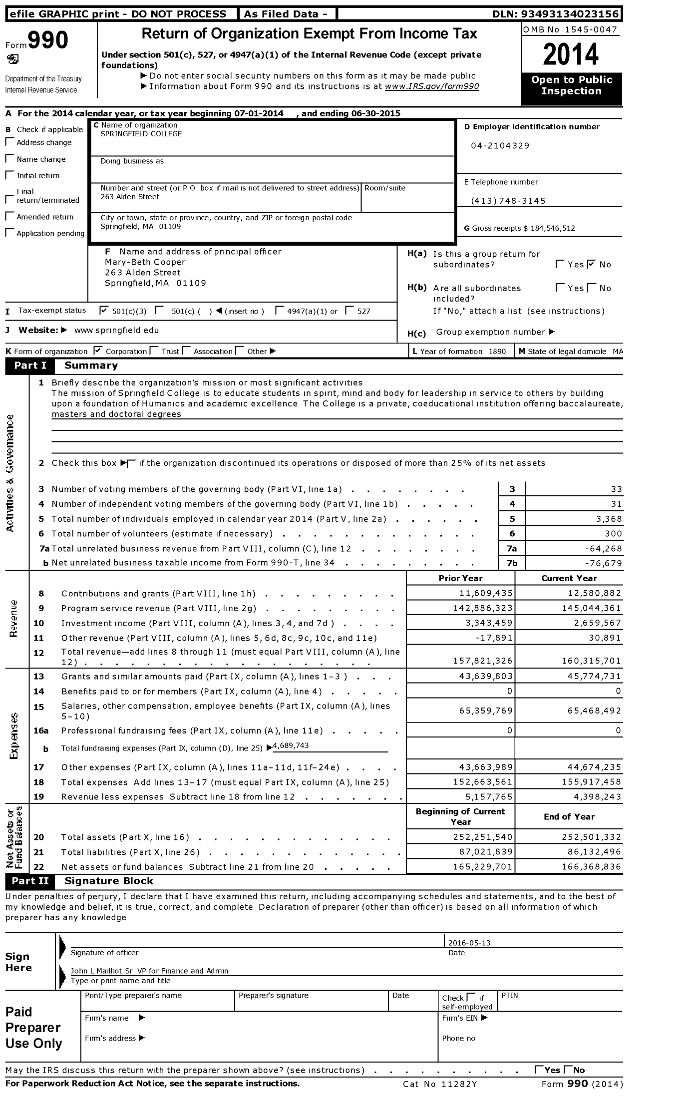 Image of first page of 2014 Form 990 for Springfield College