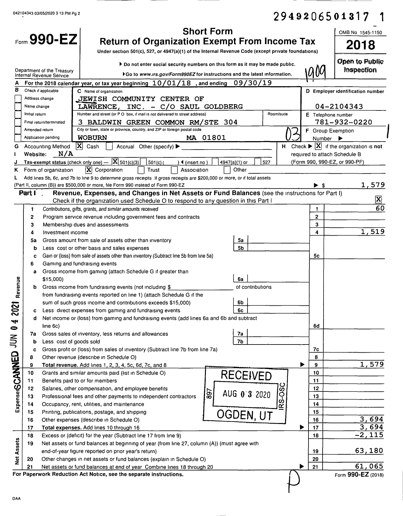 Image of first page of 2018 Form 990EZ for Jewish Community Center of Lawrence