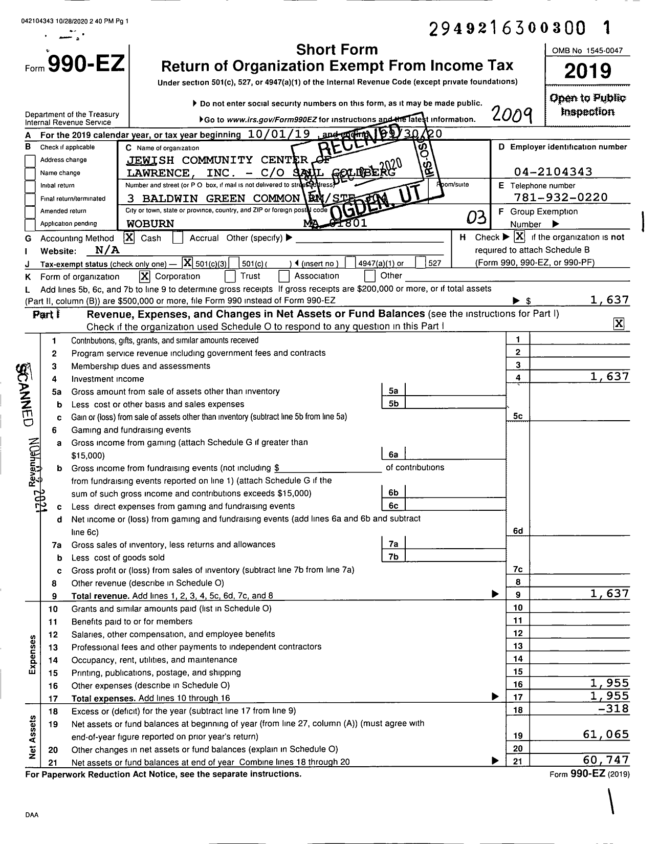 Image of first page of 2019 Form 990EZ for Jewish Community Center of Lawrence