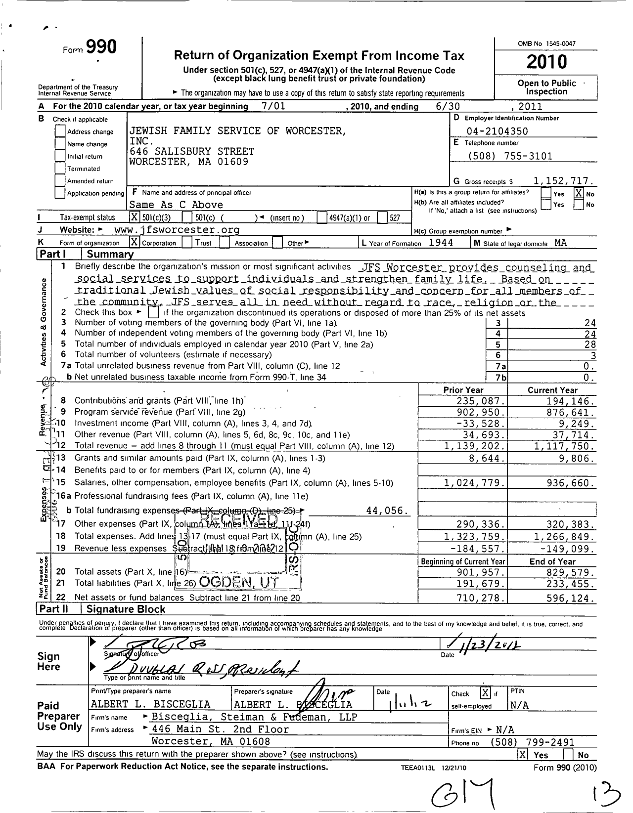 Image of first page of 2010 Form 990 for Jewish Family Service of Worcester