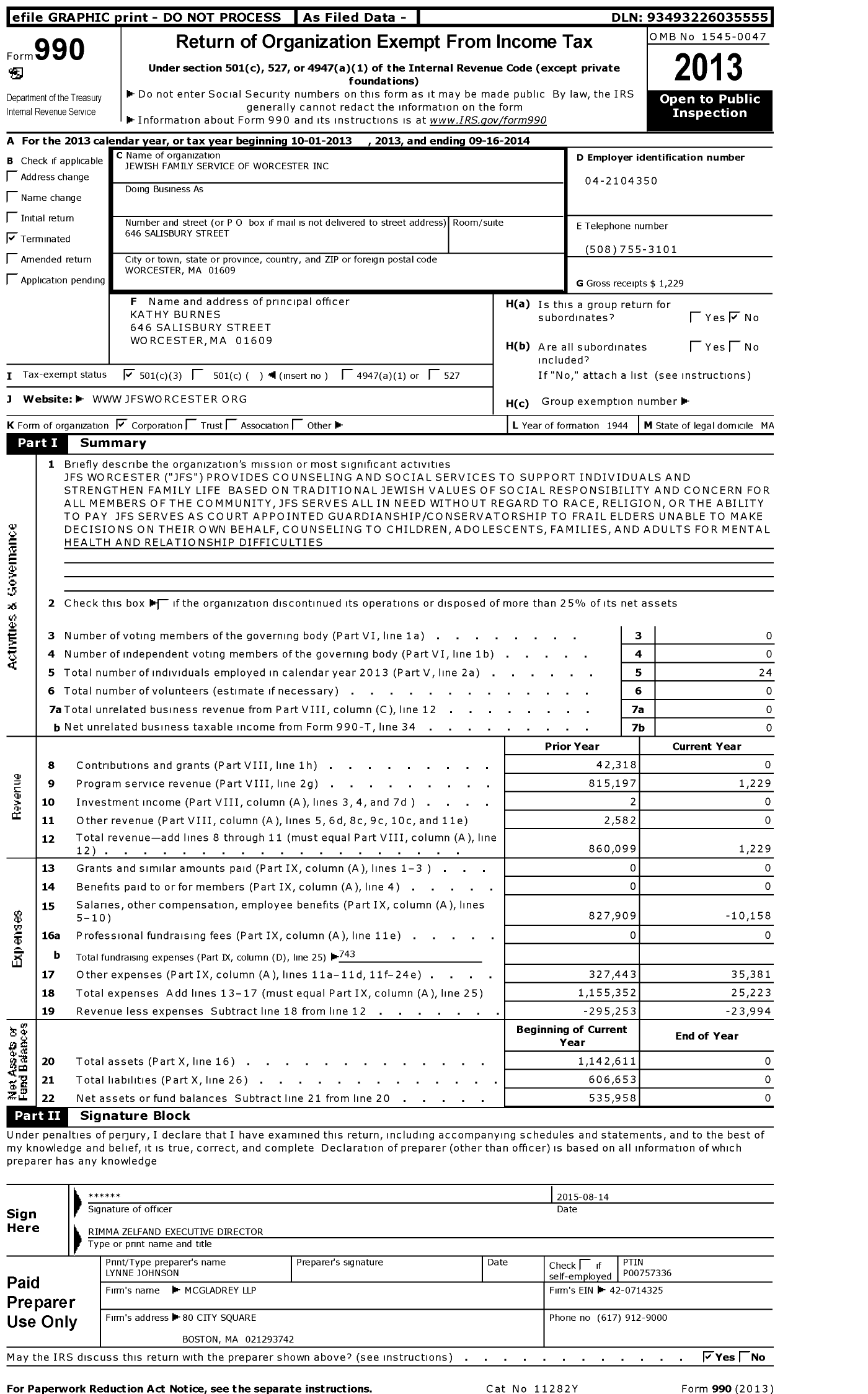 Image of first page of 2013 Form 990 for Jewish Family Service of Worcester