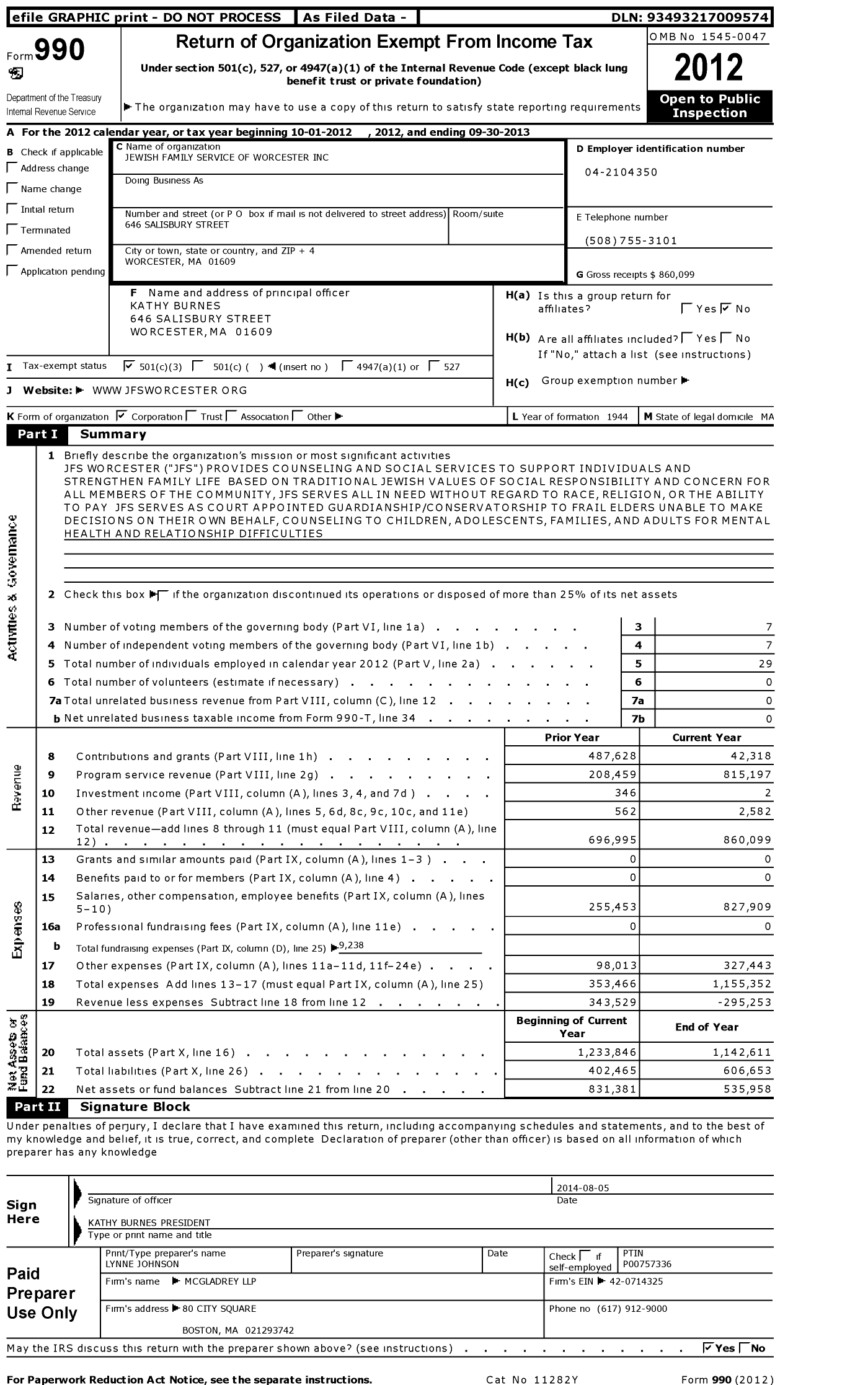 Image of first page of 2012 Form 990 for Jewish Family Service of Worcester