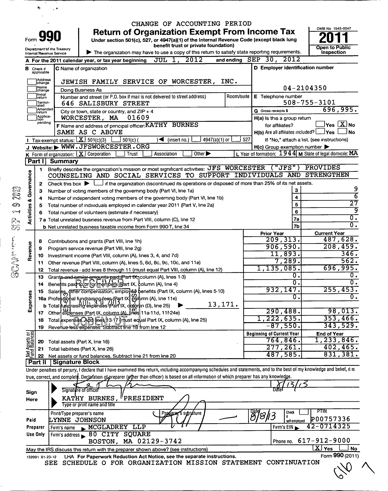 Image of first page of 2011 Form 990 for Jewish Family Service of Worcester