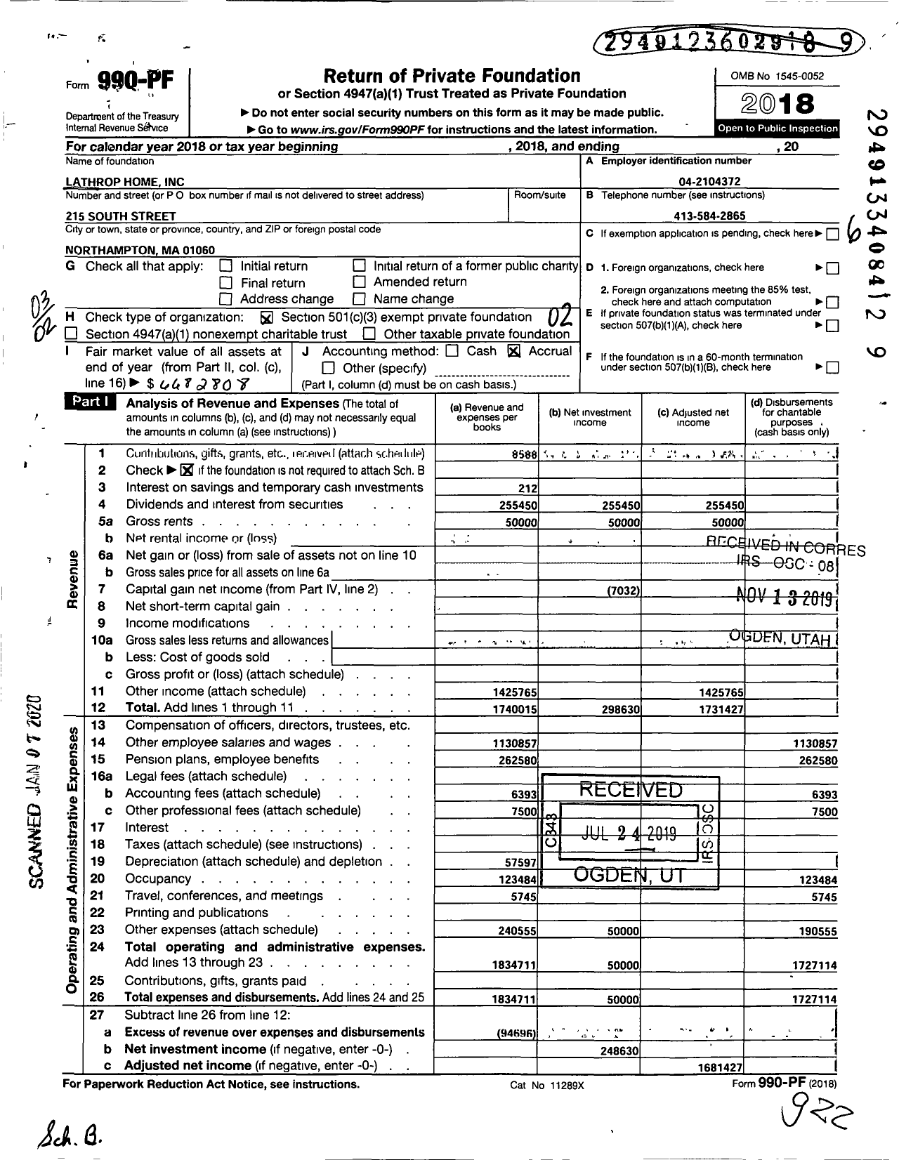 Image of first page of 2018 Form 990PF for Lathrop Home