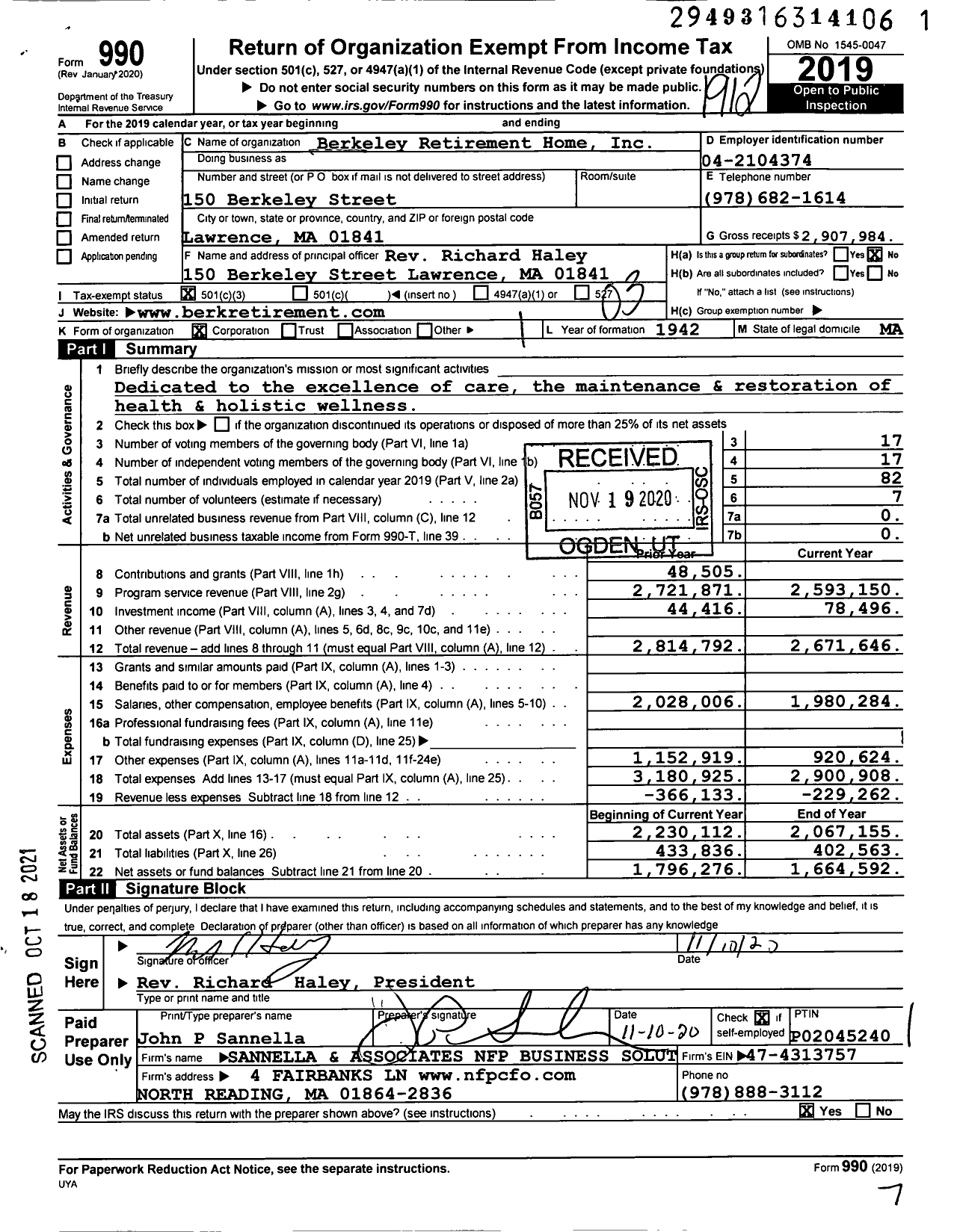 Image of first page of 2019 Form 990 for Berkeley Retirement Home