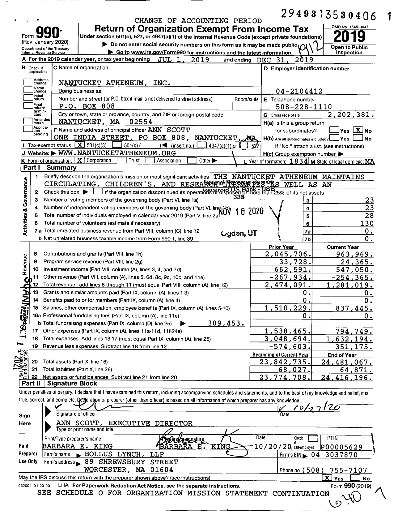 Image of first page of 2019 Form 990 for Nantucket Atheneum