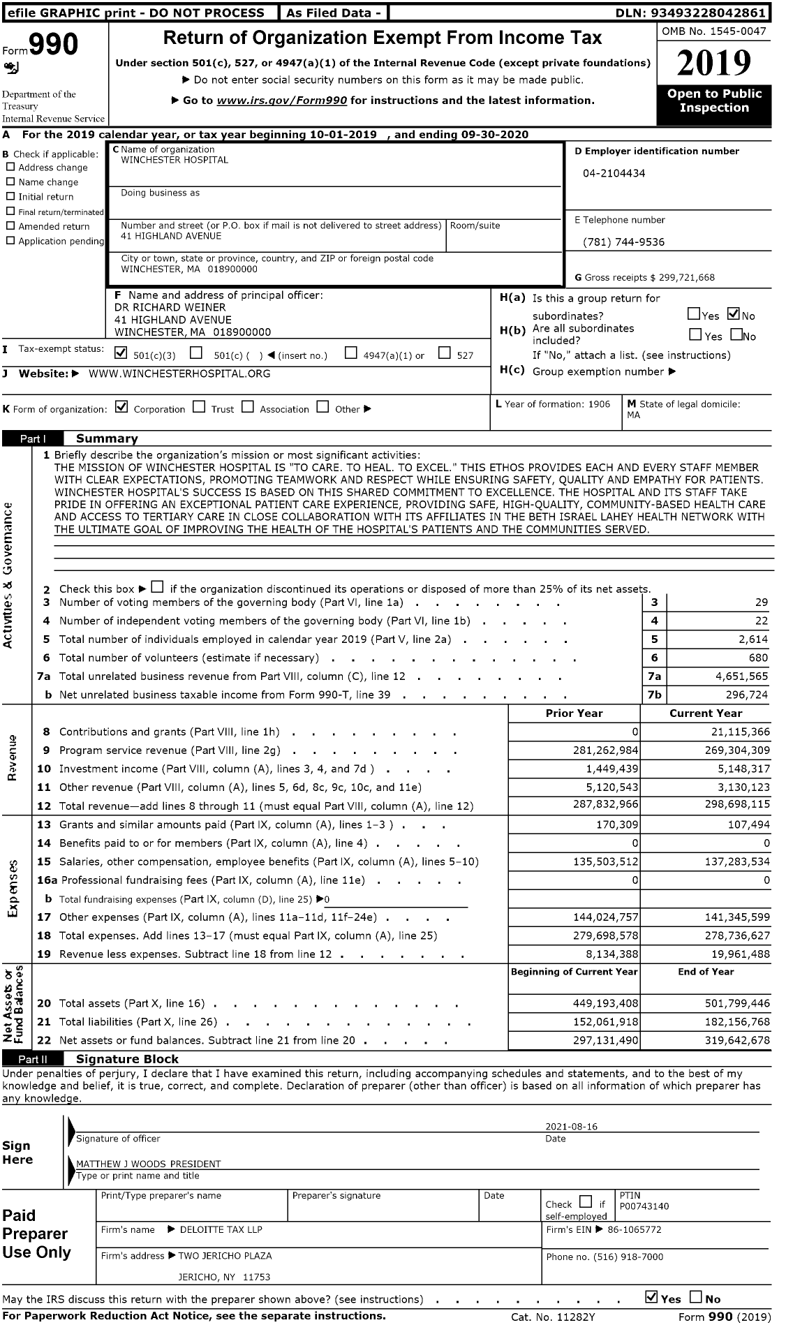 Image of first page of 2019 Form 990 for Winchester Hospital